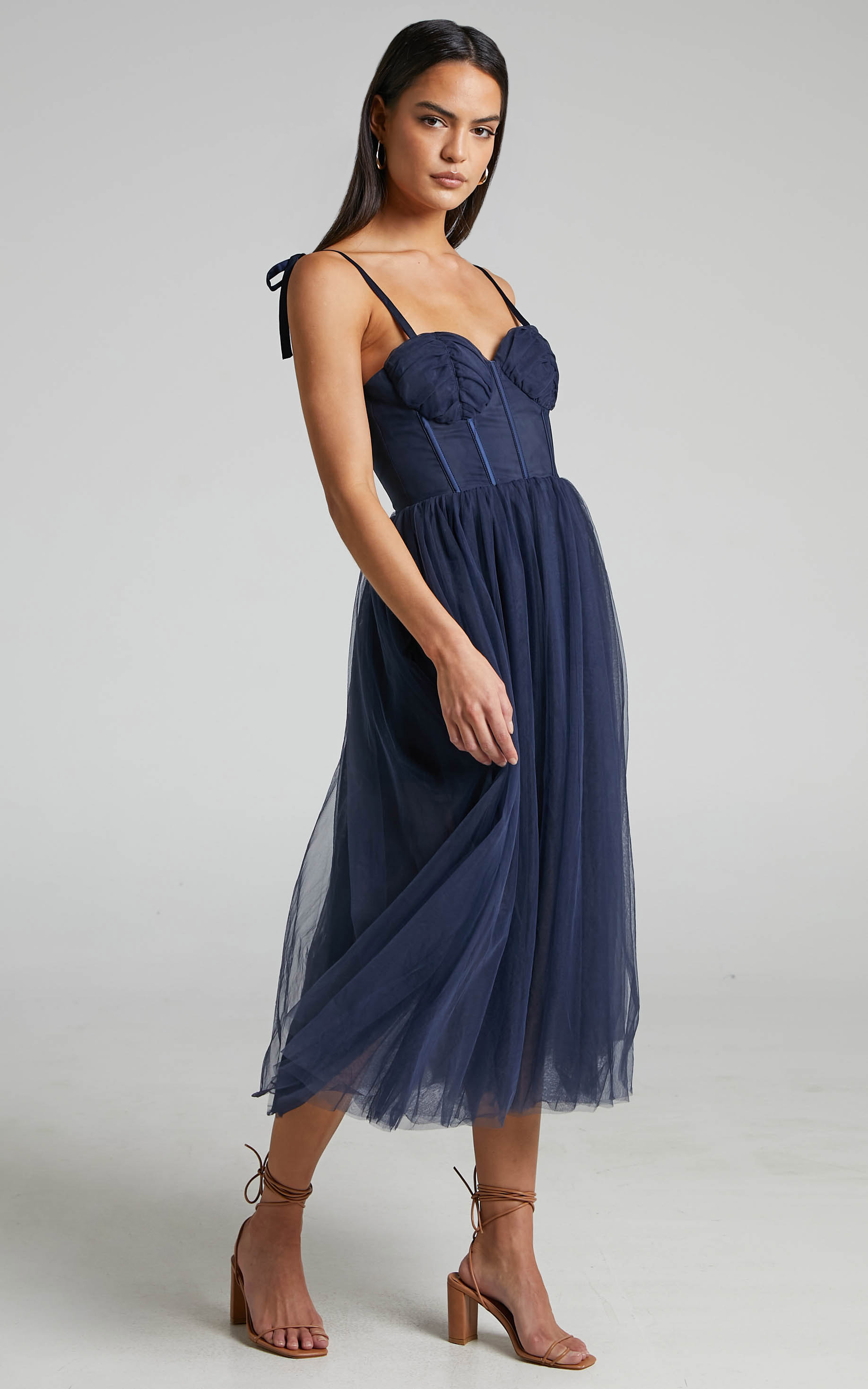 Aisha Bustier Bodice Tulle Midi Dress in Navy - 16, NVY1, hi-res image number null