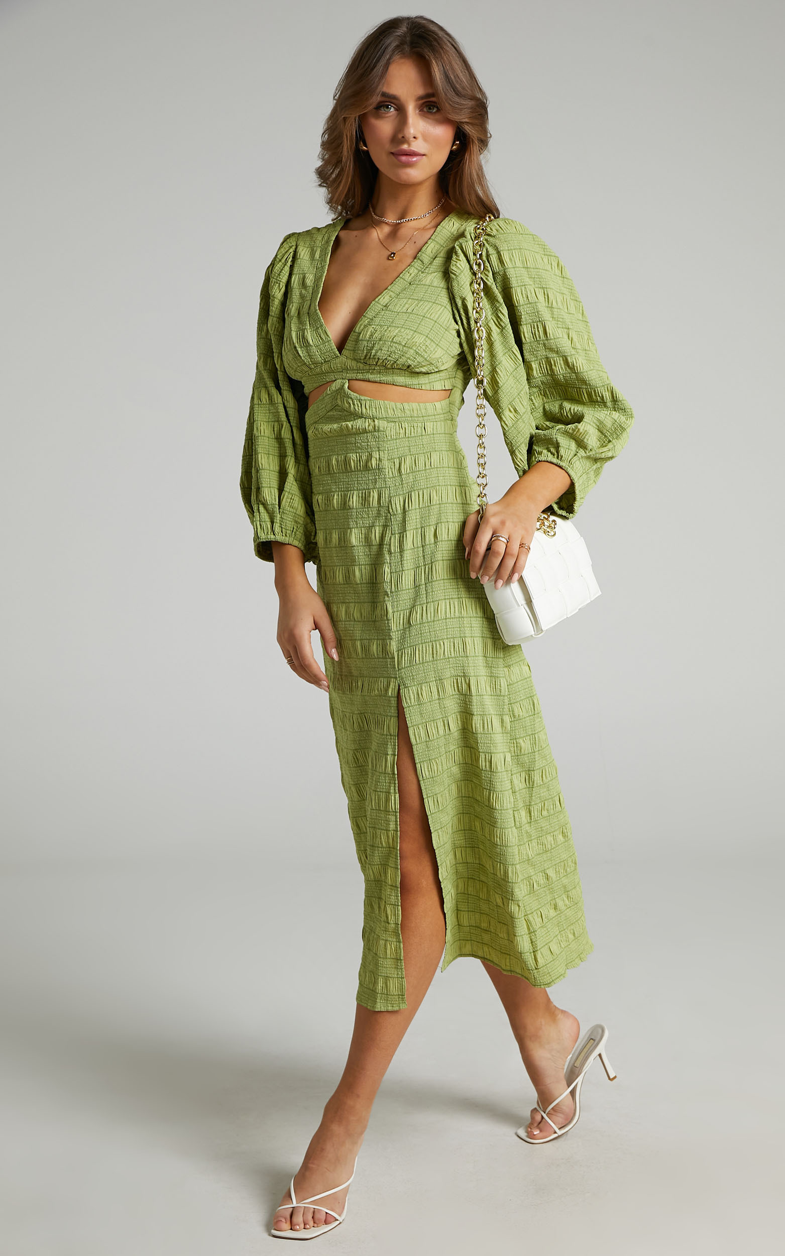 Tabatha Puff Sleeve Cut Out Midi Dress in Green Check - 06, GRN3, hi-res image number null