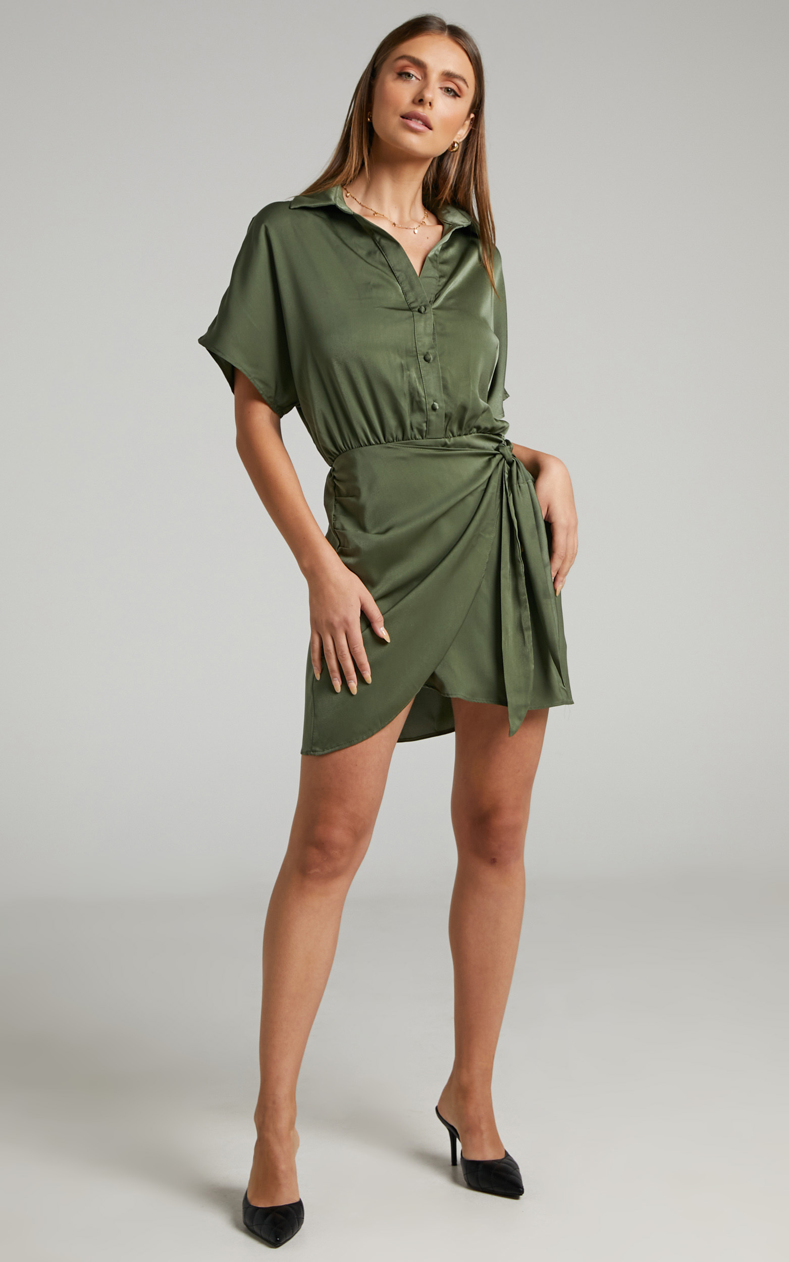 Ameleth Collared Wrap Front Mini Dress in Olive - 04, GRN1, hi-res image number null