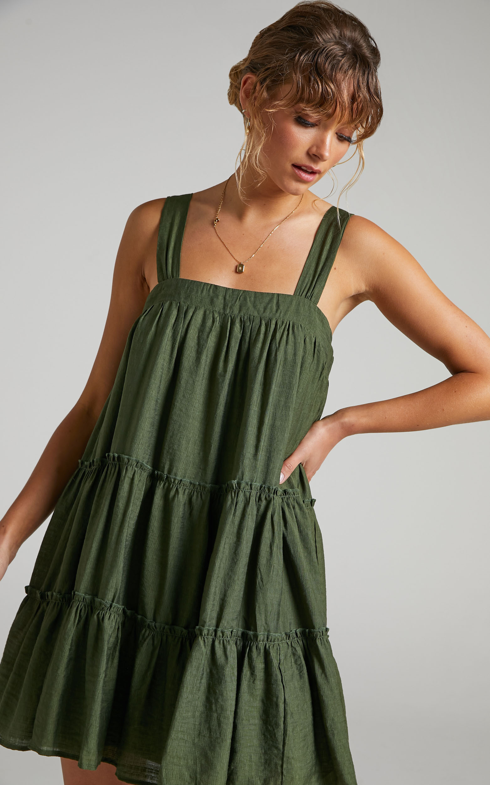 Brookie Tiered Mini Dress in Khaki - 06, GRN2, hi-res image number null