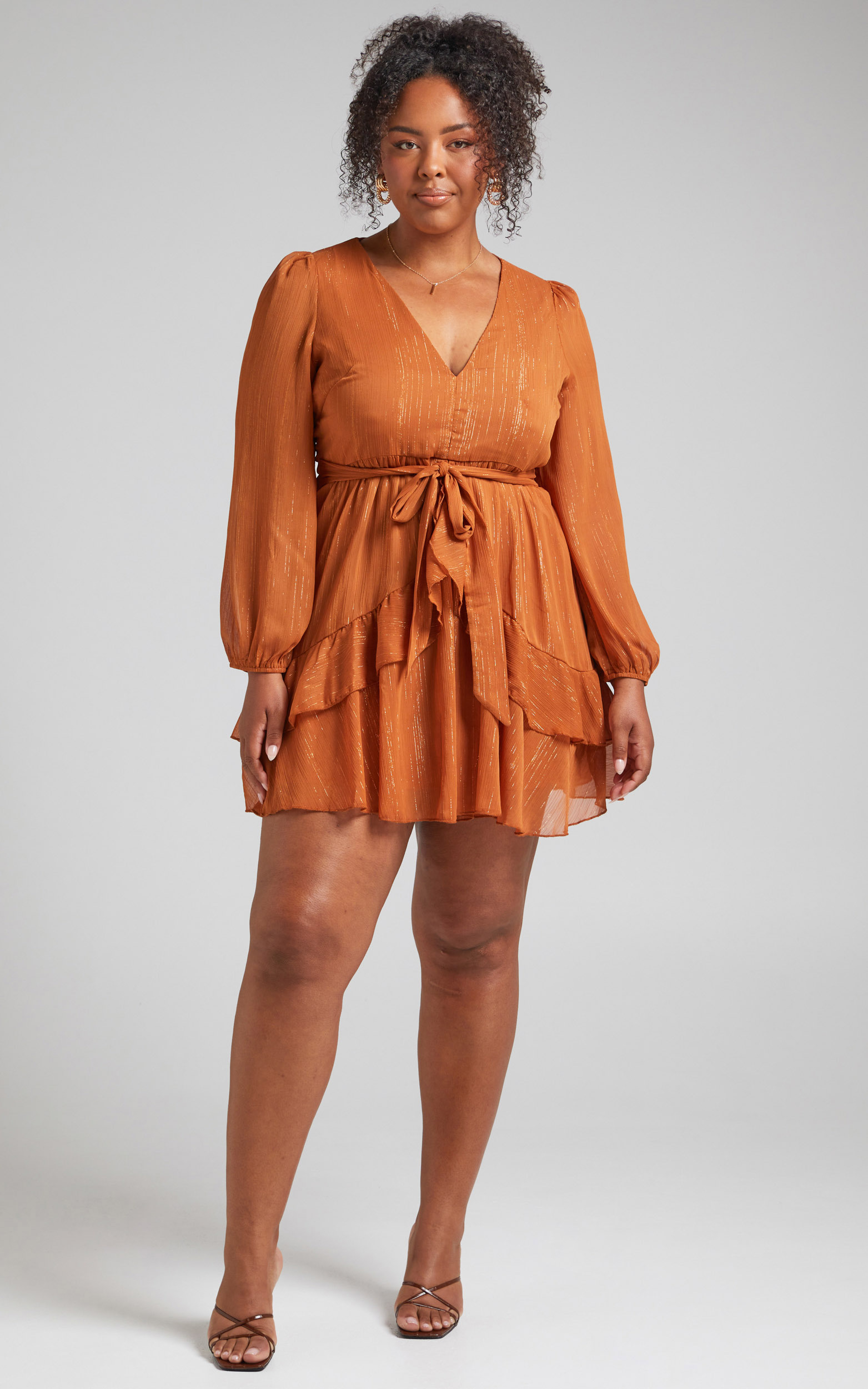 Eyes That Know Me Long Sleeve Ruffle Mini Dress in Rust - 06, BRN1, hi-res image number null