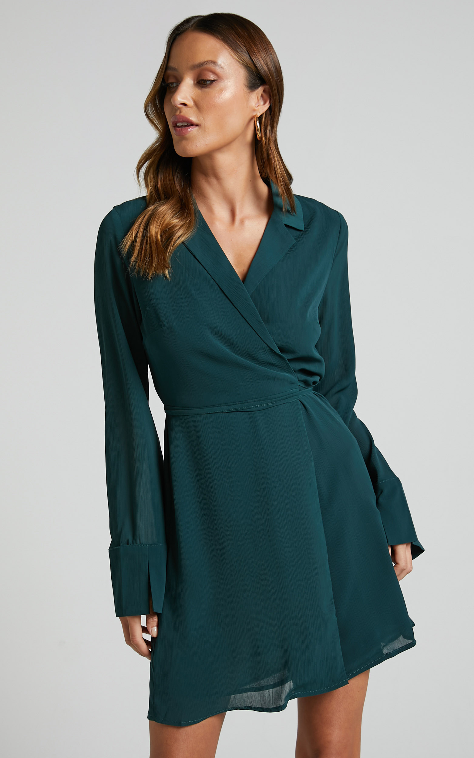 Amelle Collared Long Sleeve Wrap Mini Dress in Emerald - 04, GRN1, hi-res image number null
