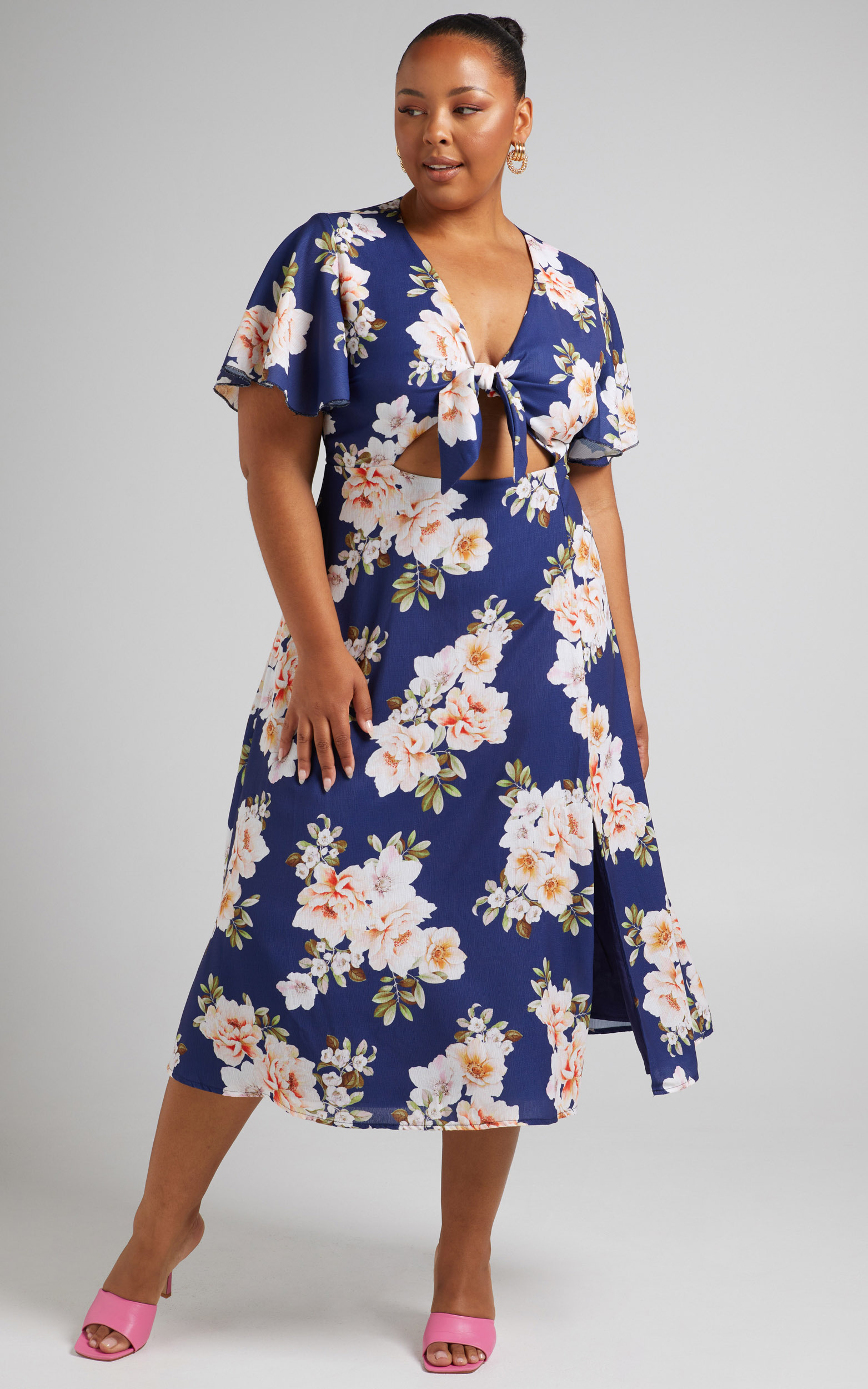 Wild And Free Mind Midi Dress in Royal Floral - 04, NVY3, hi-res image number null