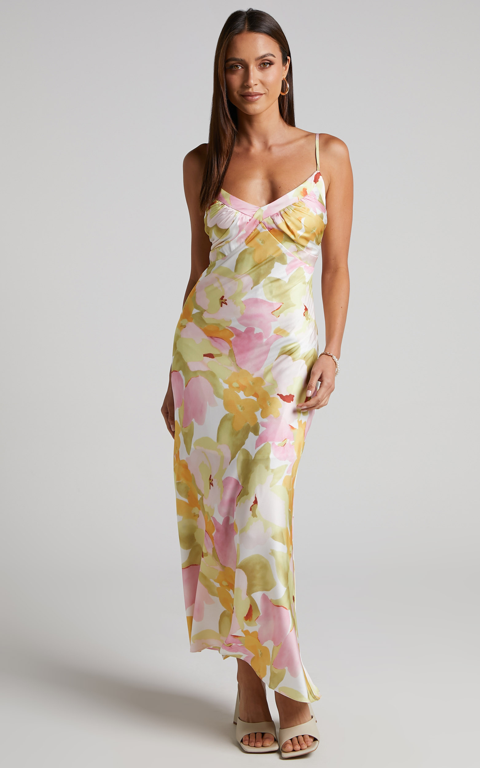 Brianne Midi Dress - V Neck Satin Slip Dress in Pastel Floral - 06, WHT1, hi-res image number null