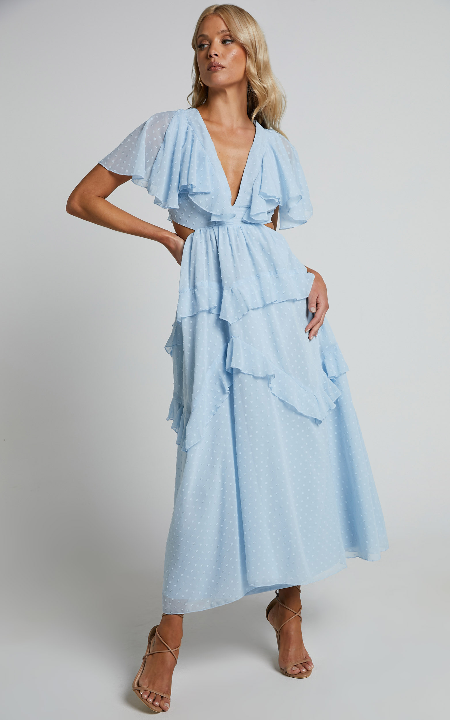 Jania Maxi Dress - Cut Out Short Sleeve Plunge Neck Dress in Pale Blue - 04, BLU1, hi-res image number null