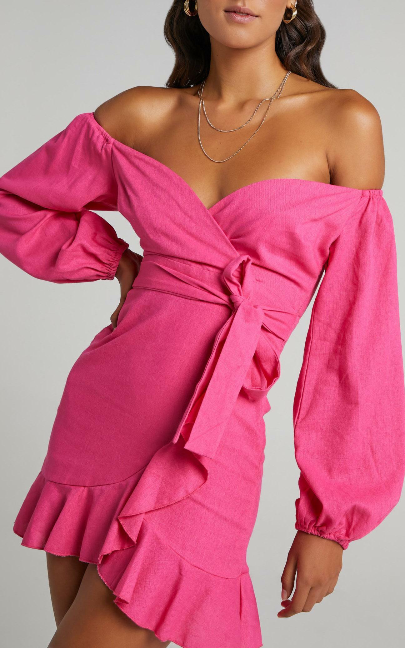 Cant Move On Off Shoulder Mini Dress in Hot Pink Linen Look - 04, PNK5, hi-res image number null