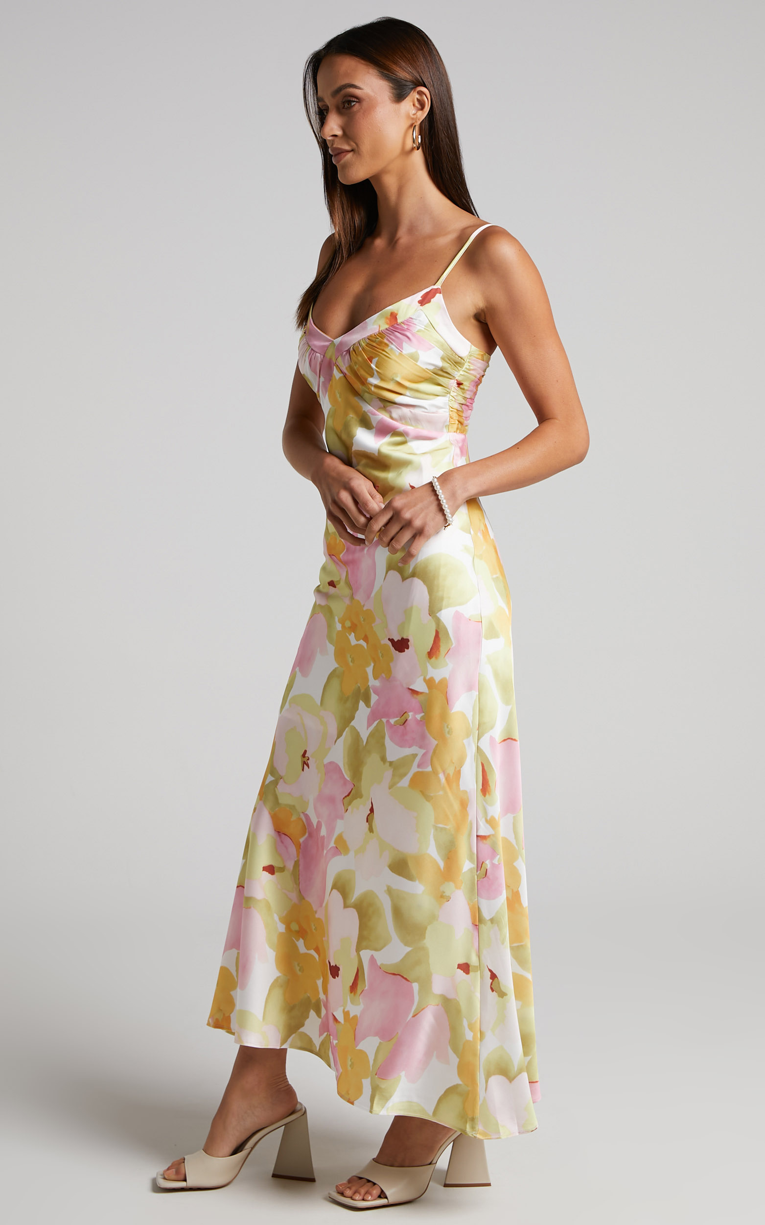 Brianne Midi Dress - V Neck Satin Slip Dress in Pastel Floral - 06, WHT1, hi-res image number null