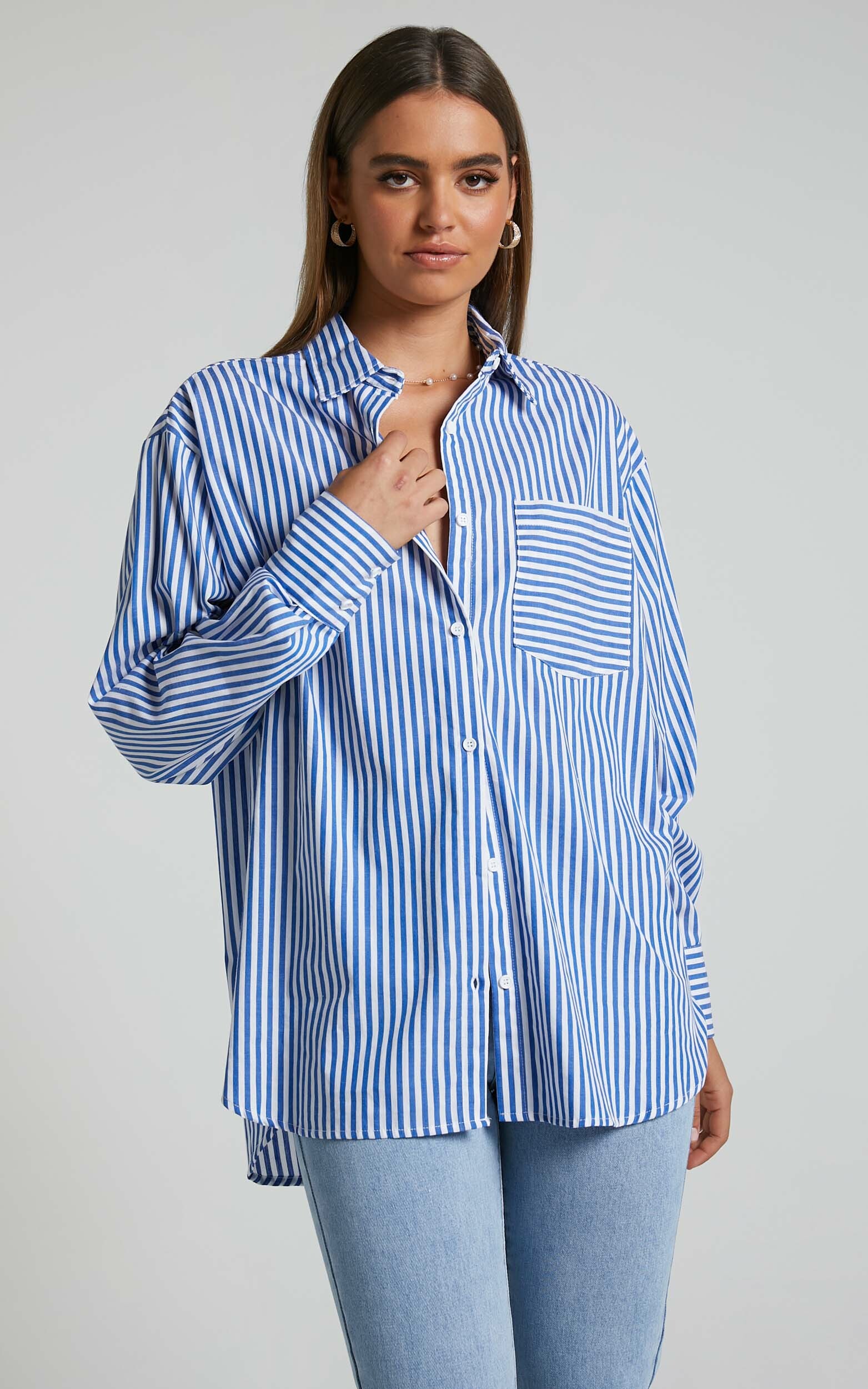 Jaycey Striped Long Sleeve Pocket Detail Shirt in Navy Stripe | Showpo