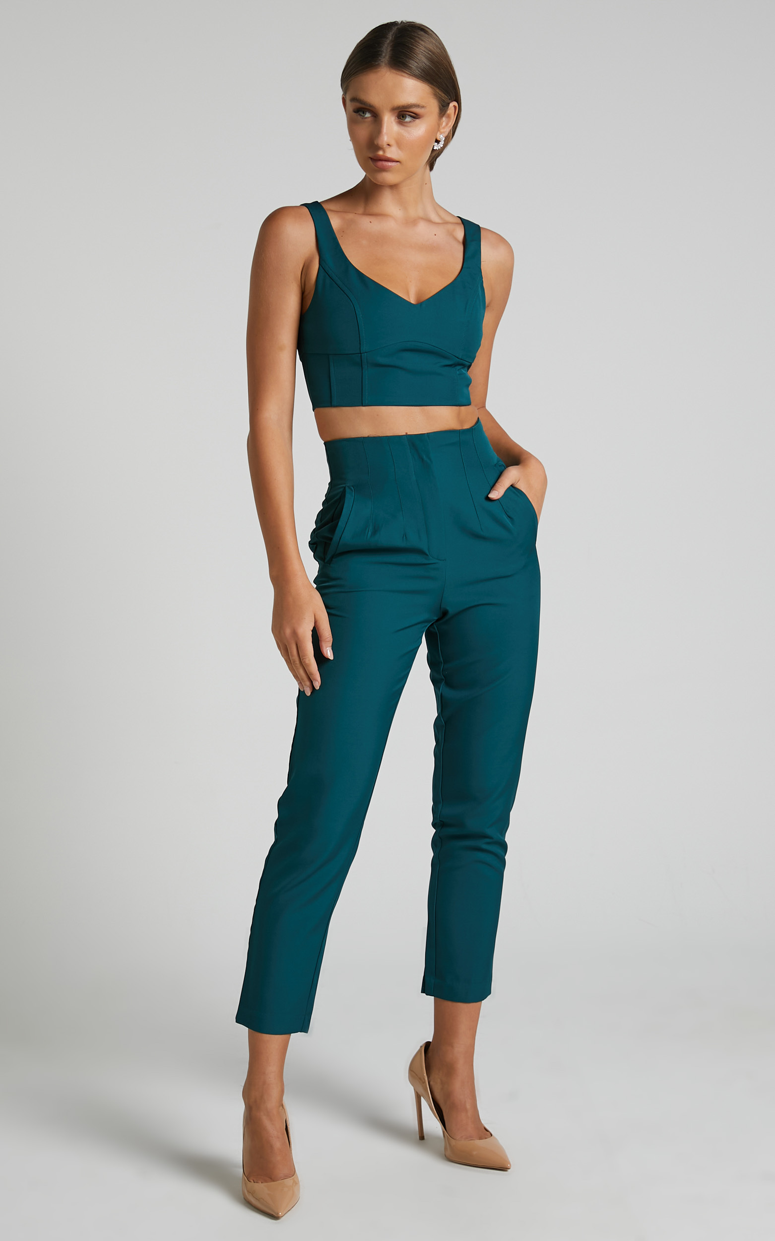 Armanda Two Piece Set - Crop Top and High Waisted Straight Leg Pants in Deep Green - 04, GRN1, hi-res image number null