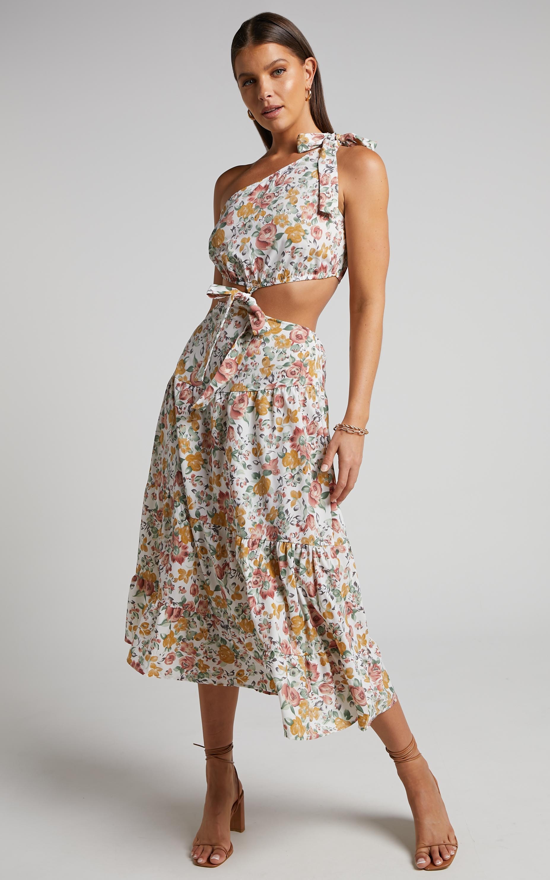 Amabella Maxi Dress - Tie One Shoulder Cut Out Dress in Caro Multi Floral - L, MLT2, hi-res image number null