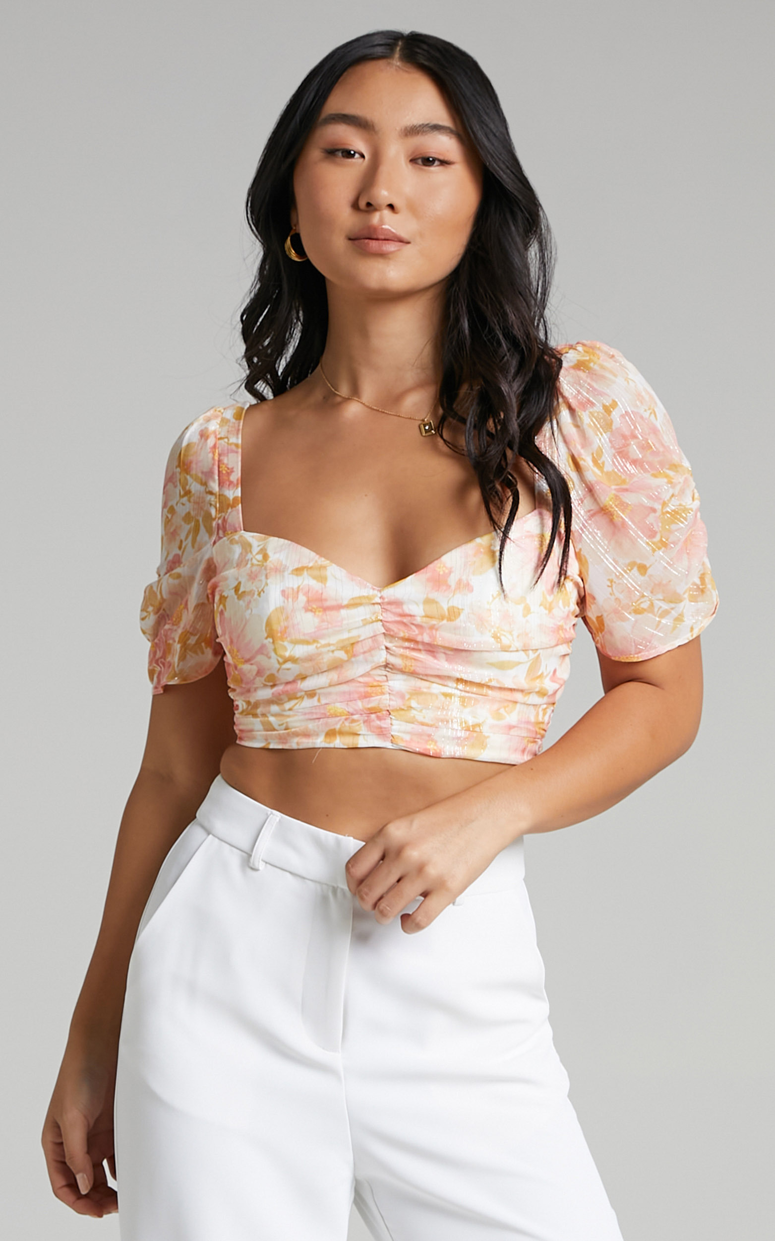 Shenea Sweetheart Puff Sleeve Crop Top in Sunset Floral - 04, MLT1, hi-res image number null