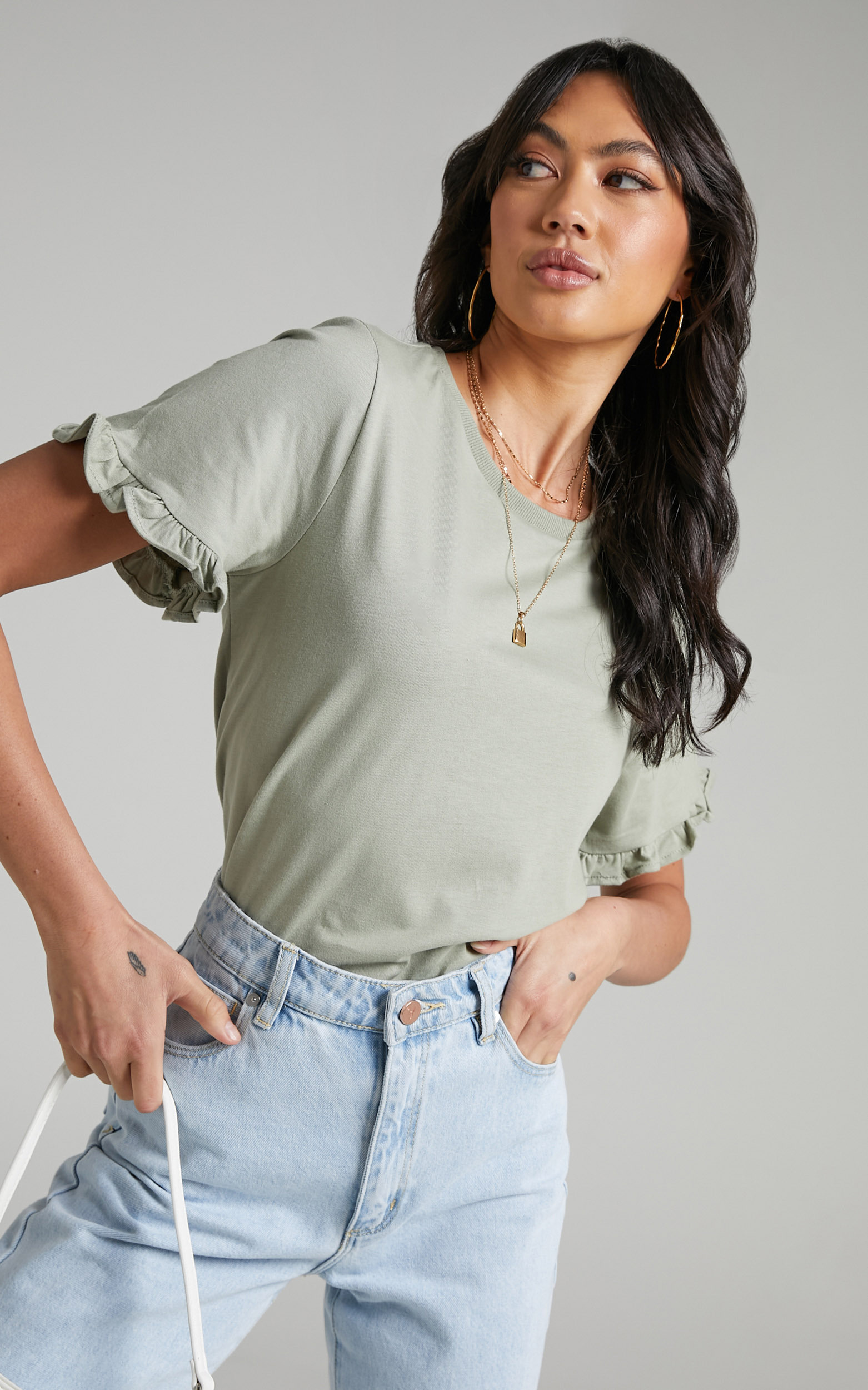 Closer To Home Ruffle Sleeve Tee in Sage - 04, GRN1, hi-res image number null