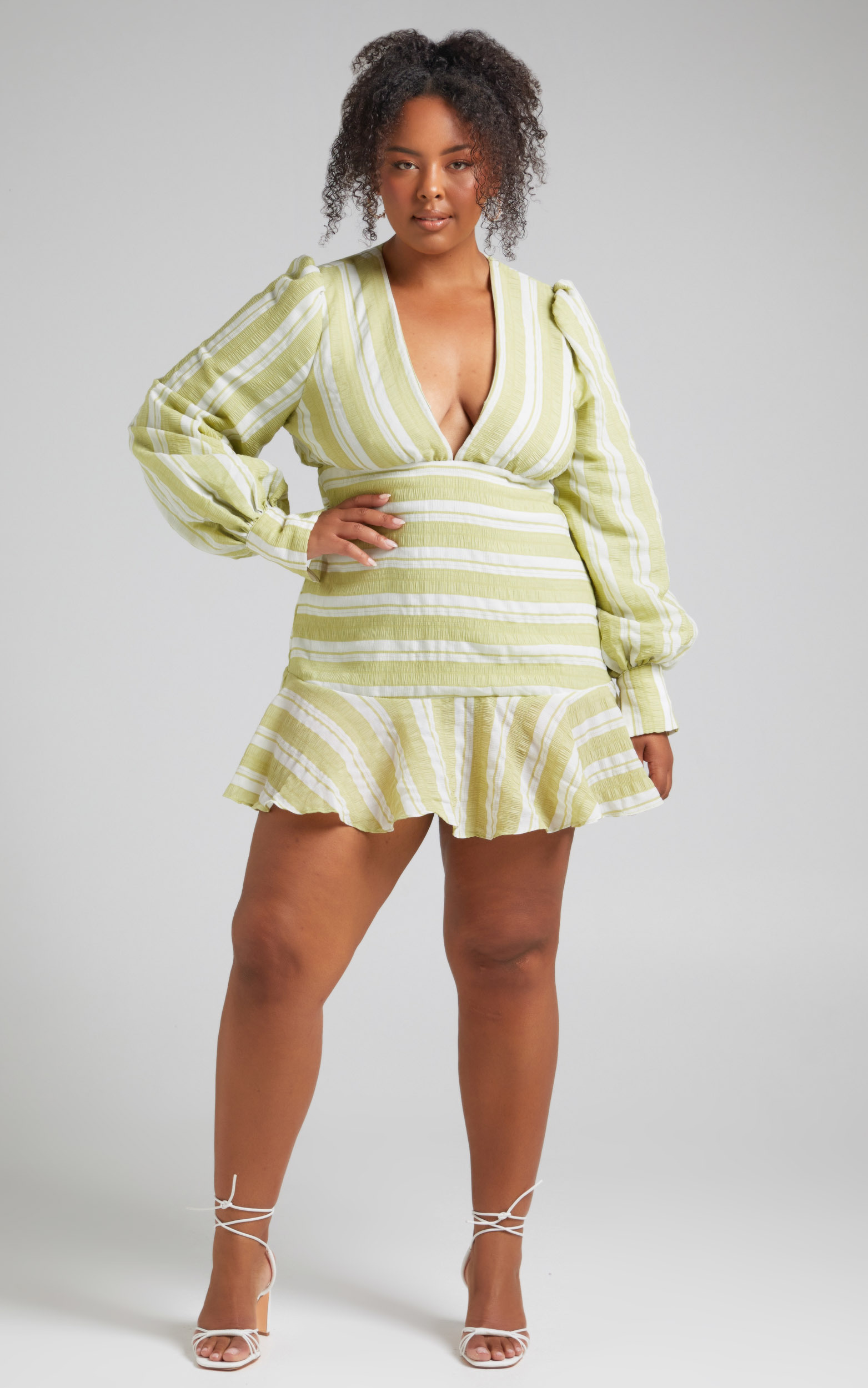 Rennie Balloon Sleeve V Neck Mini Dress in Green Stripe - 06, GRN1, hi-res image number null