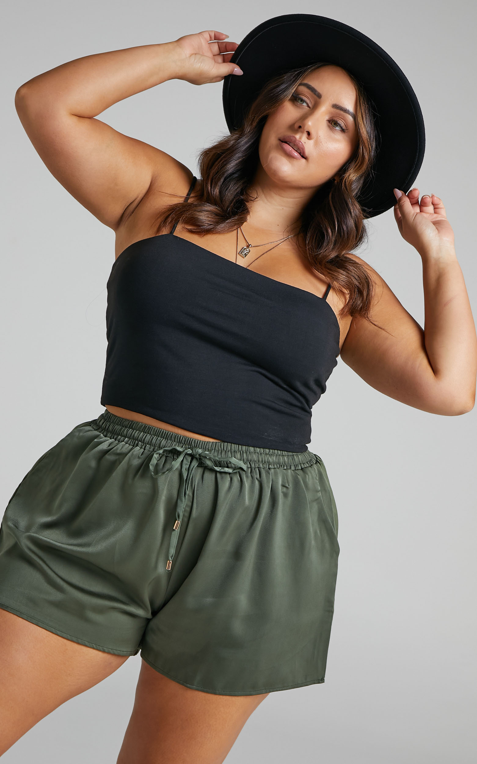 Azurine Satin Shorts with Elasticated Waist in Olive - 04, GRN1, hi-res image number null