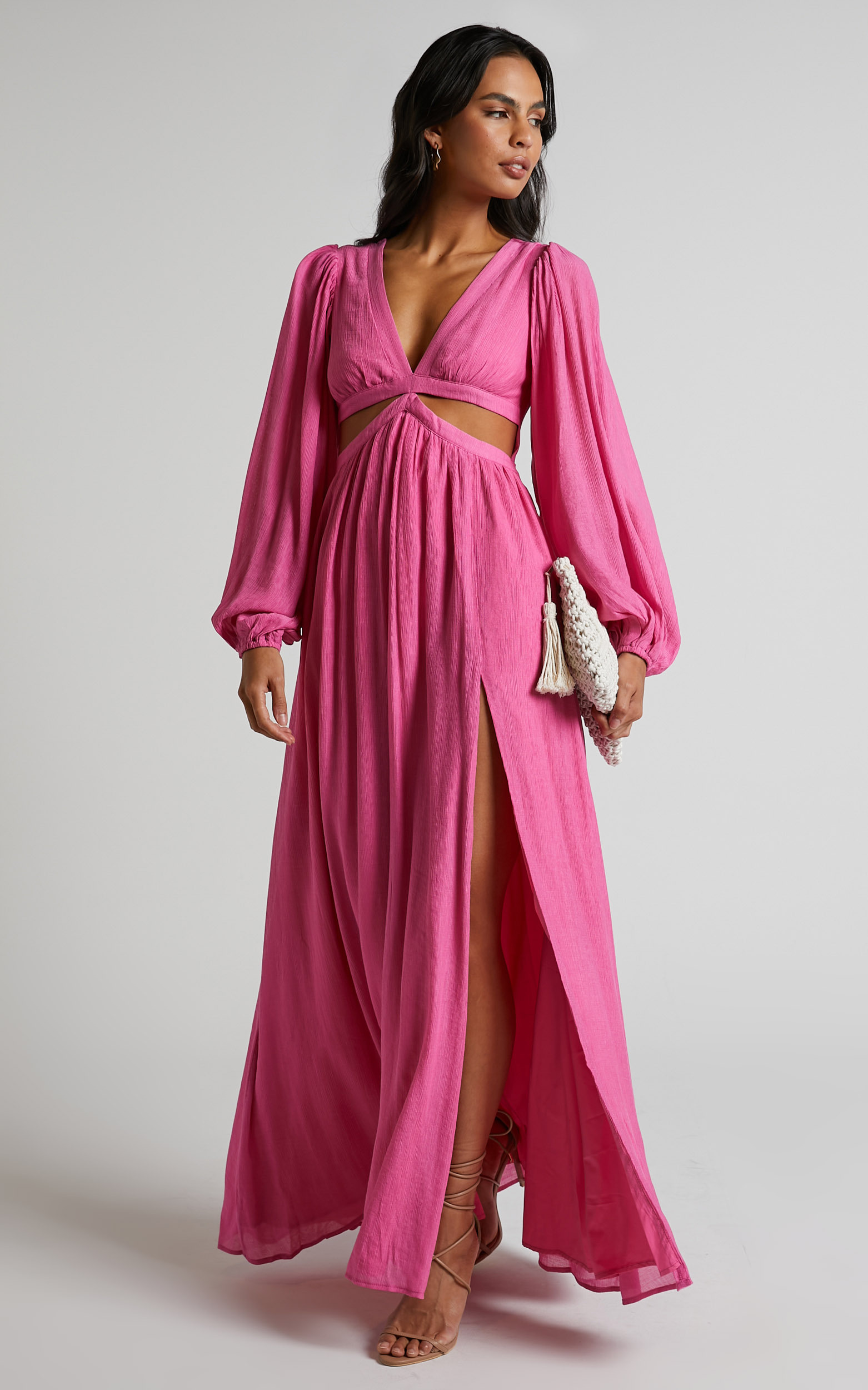 Paige Side Cut Out Balloon Sleeve Maxi Dress in Pink - 04, PNK1, hi-res image number null
