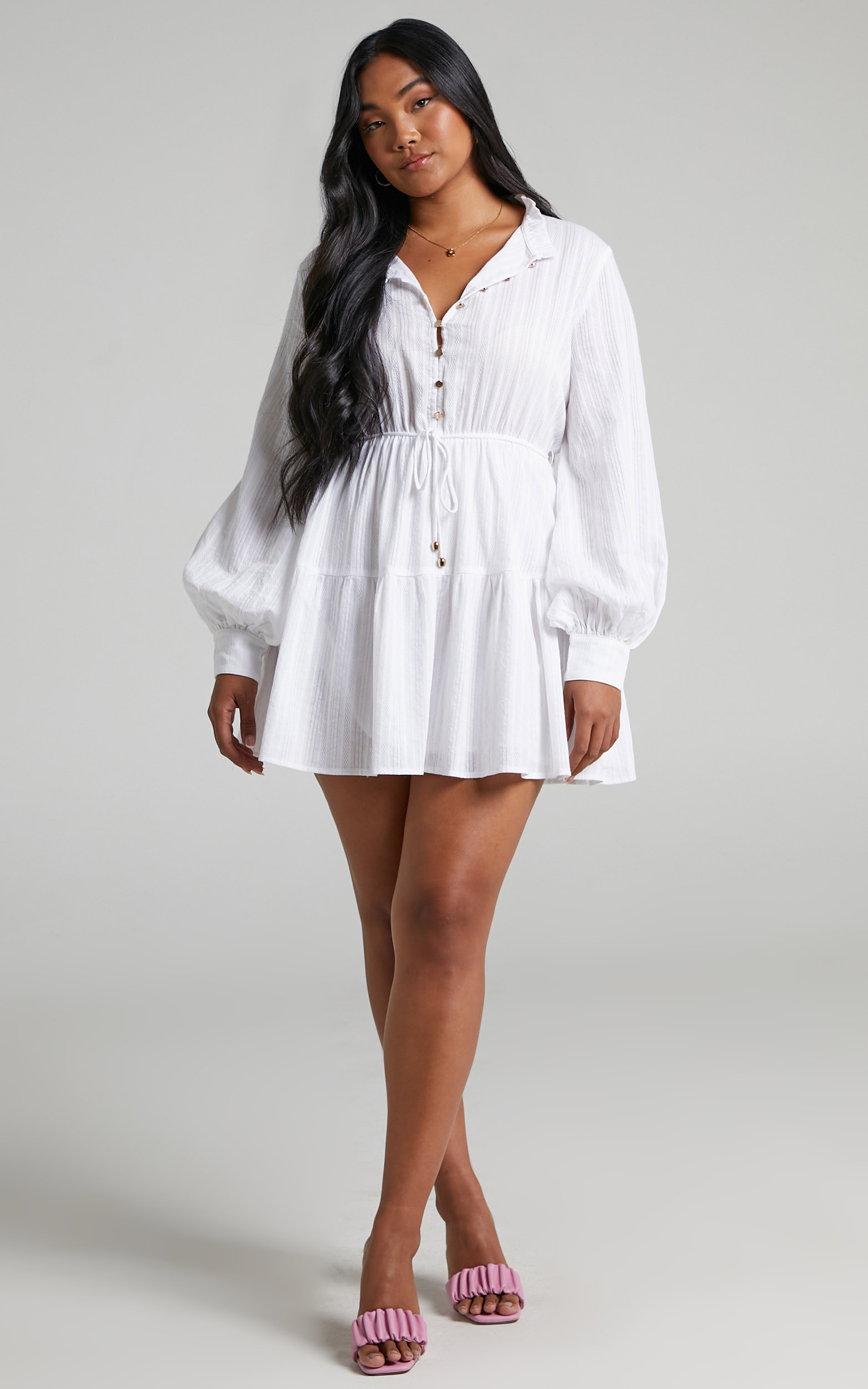Mindii Button Front Long Sleeve Flippy Mini Dress in White - 04, WHT1, hi-res image number null