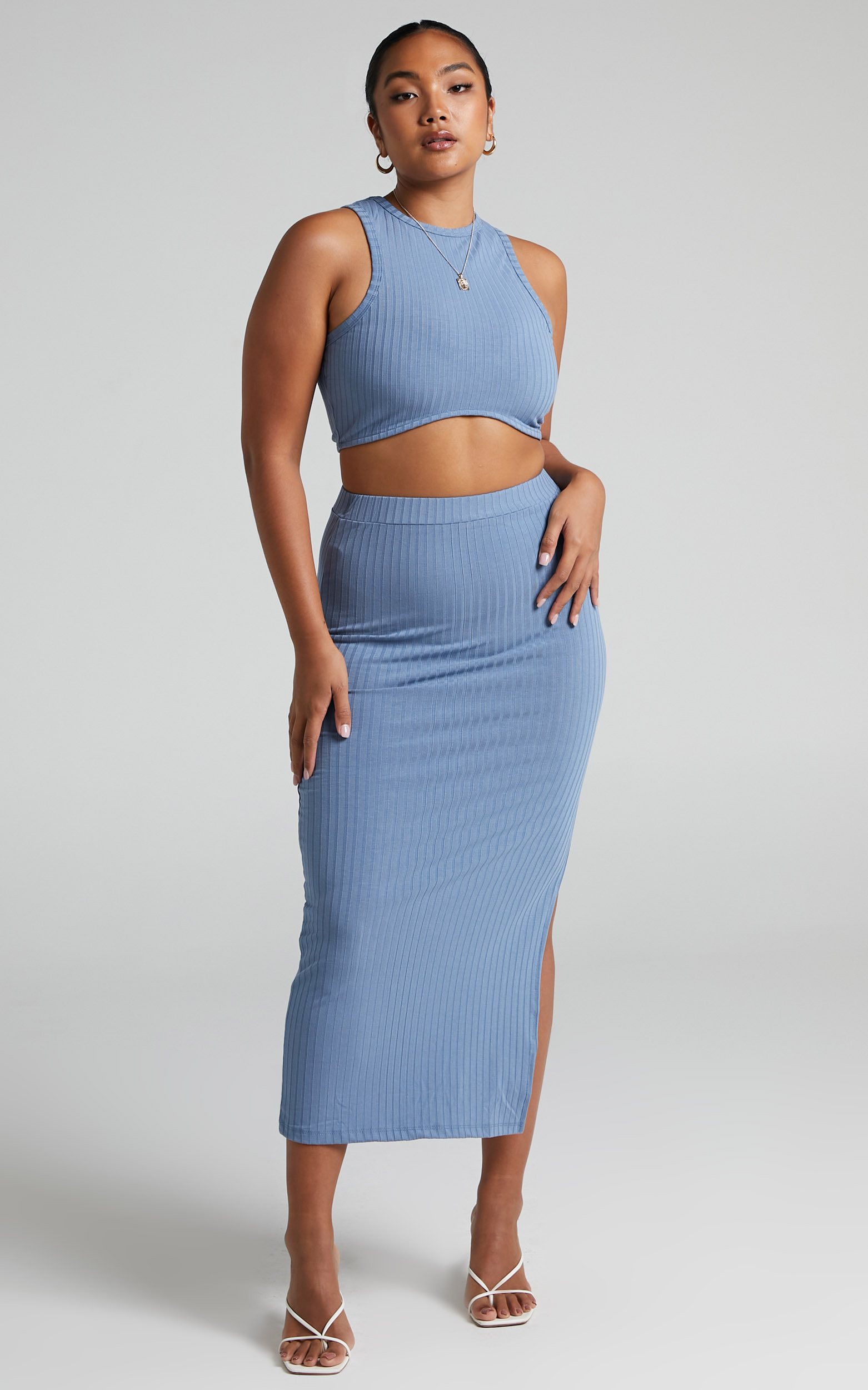 Dayla Ribbed Crop Top and Side Split Midi Skirt Two Piece Set in Steel Blue - 04, BLU2, hi-res image number null