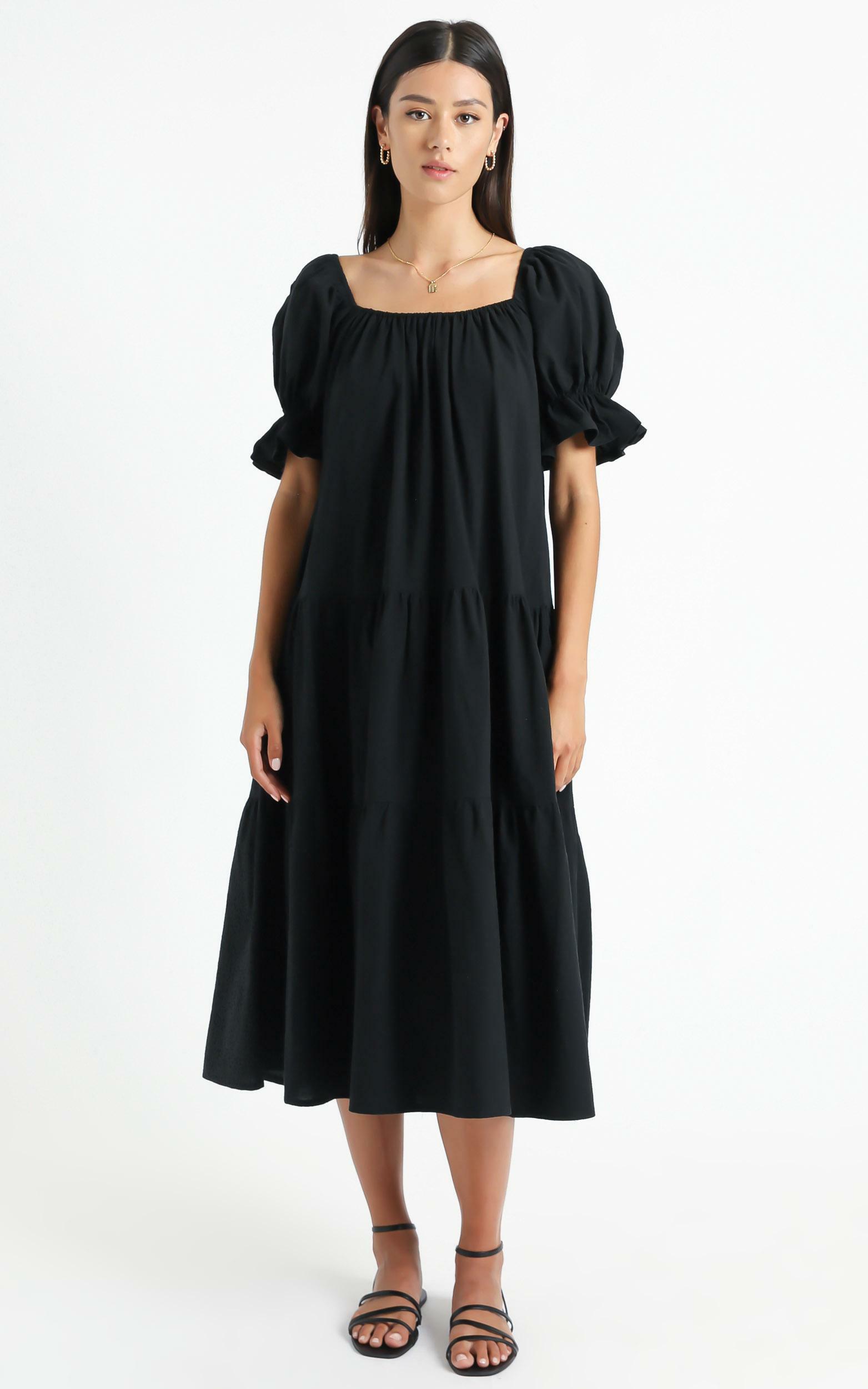 Zaharrah Tiered Midi Dress in Black Linen Look | Showpo USA