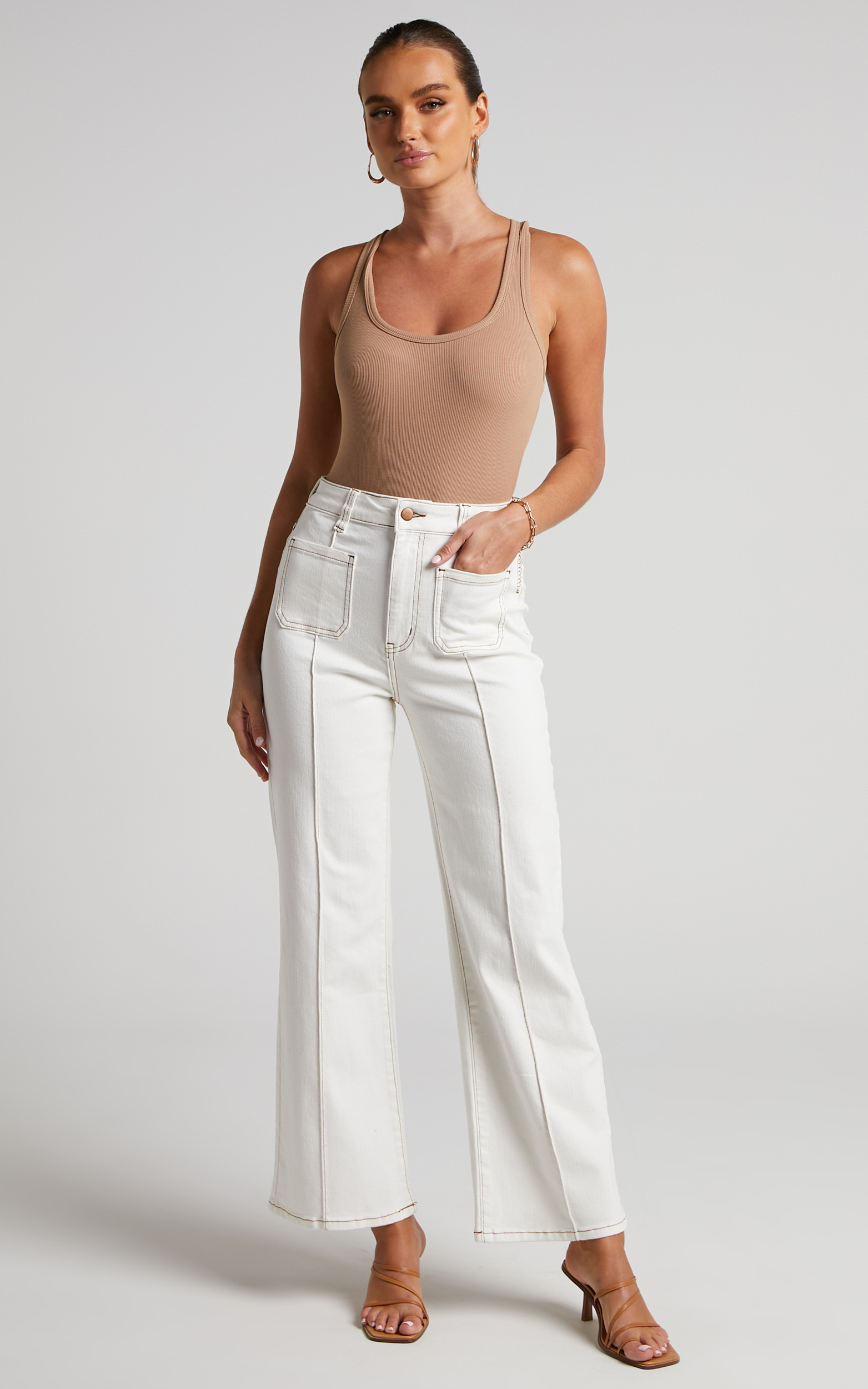 Malcolm Jeans - High Rise Contrast Stitch Flared Jeans in White Denim - 04, WHT1, hi-res image number null