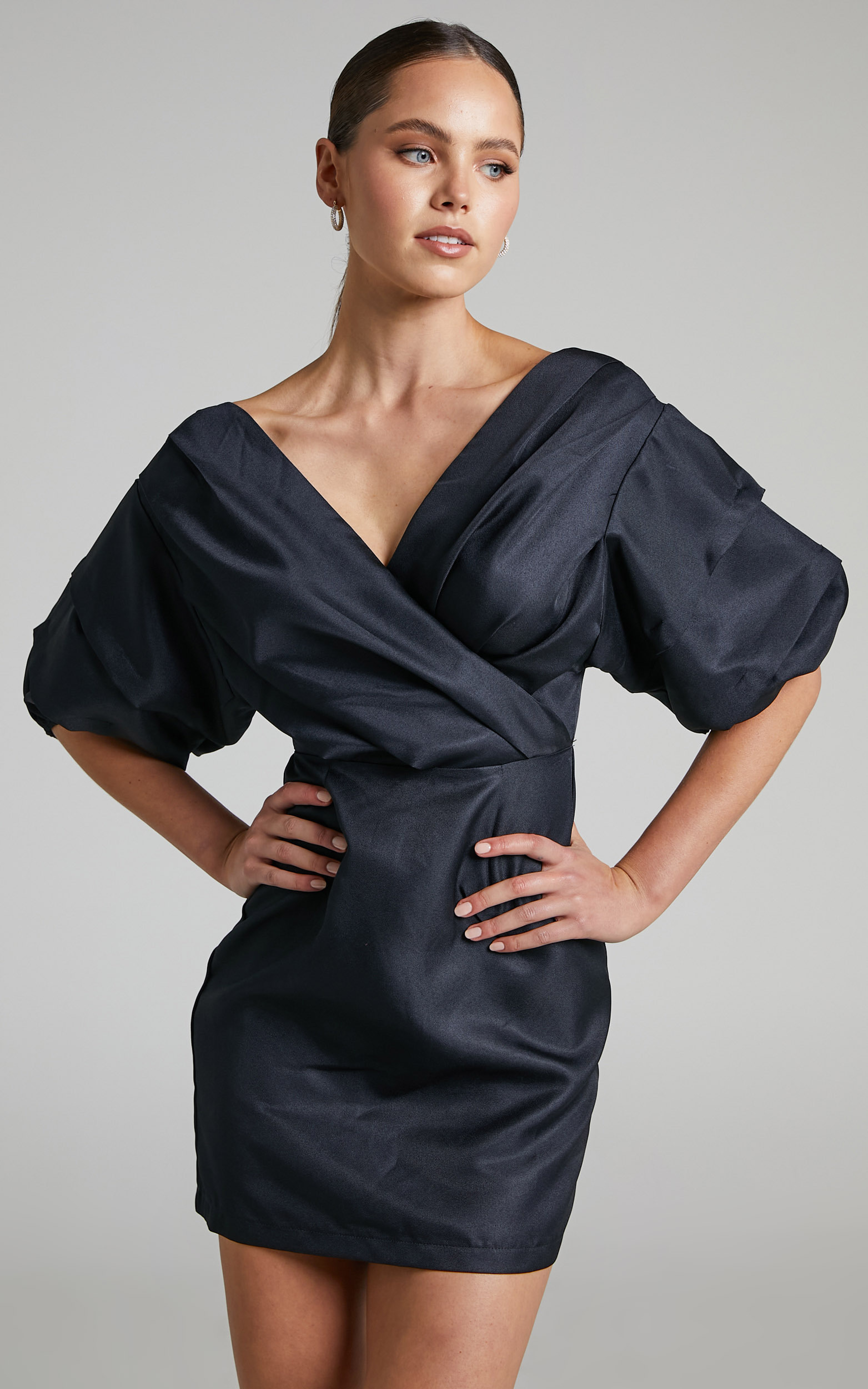 Anastasija Mini Dress - Off Shoulder V Neck Dress in Black - 06, BLK1, hi-res image number null