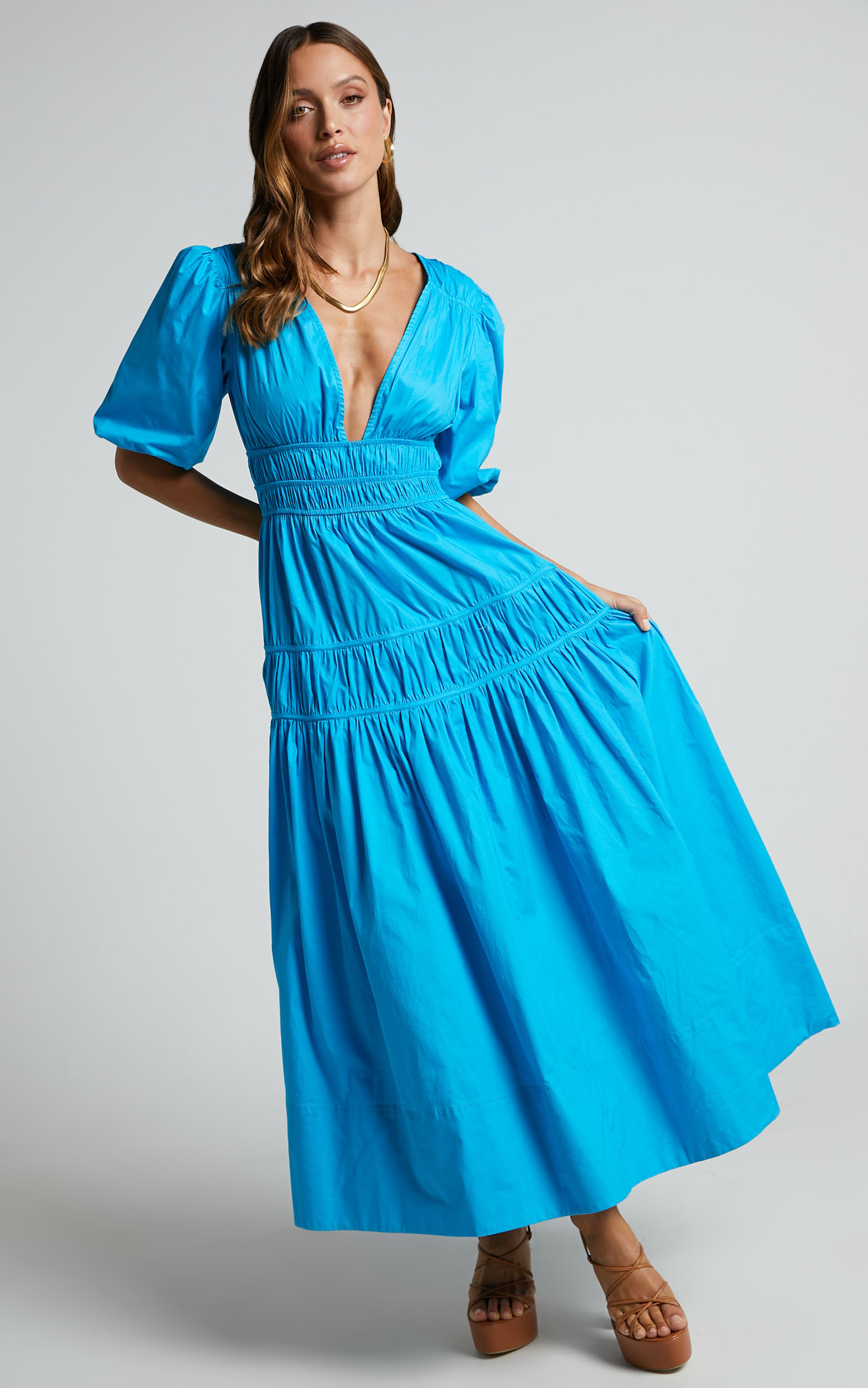Mellie Midi Dress - Puff Sleeve Plunge Tiered Dress in Blue - 04, BLU1, hi-res image number null