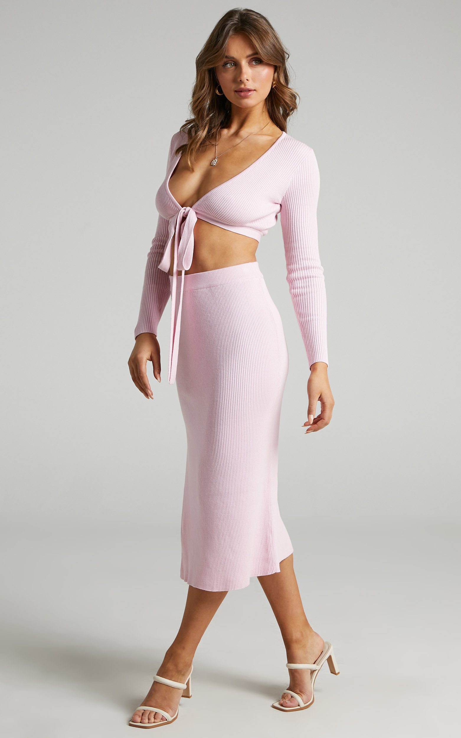 Tana Two Piece Knit Set with Knot Front in Ice Pink - 06, PNK1, hi-res image number null