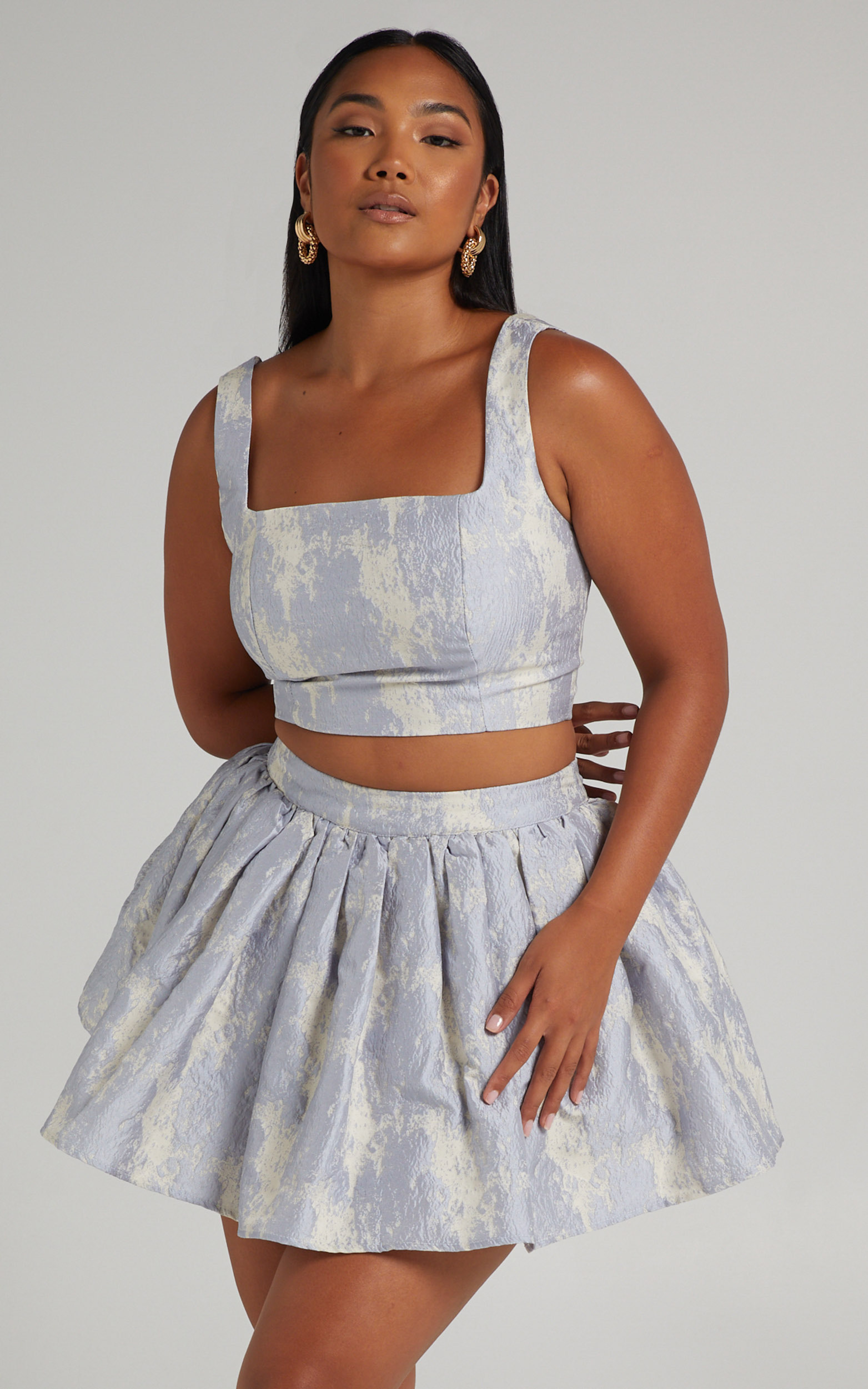 Viviana Crop Top Flare Mini Skirt Two Piece Set in Blue - 04, BLU1, hi-res image number null