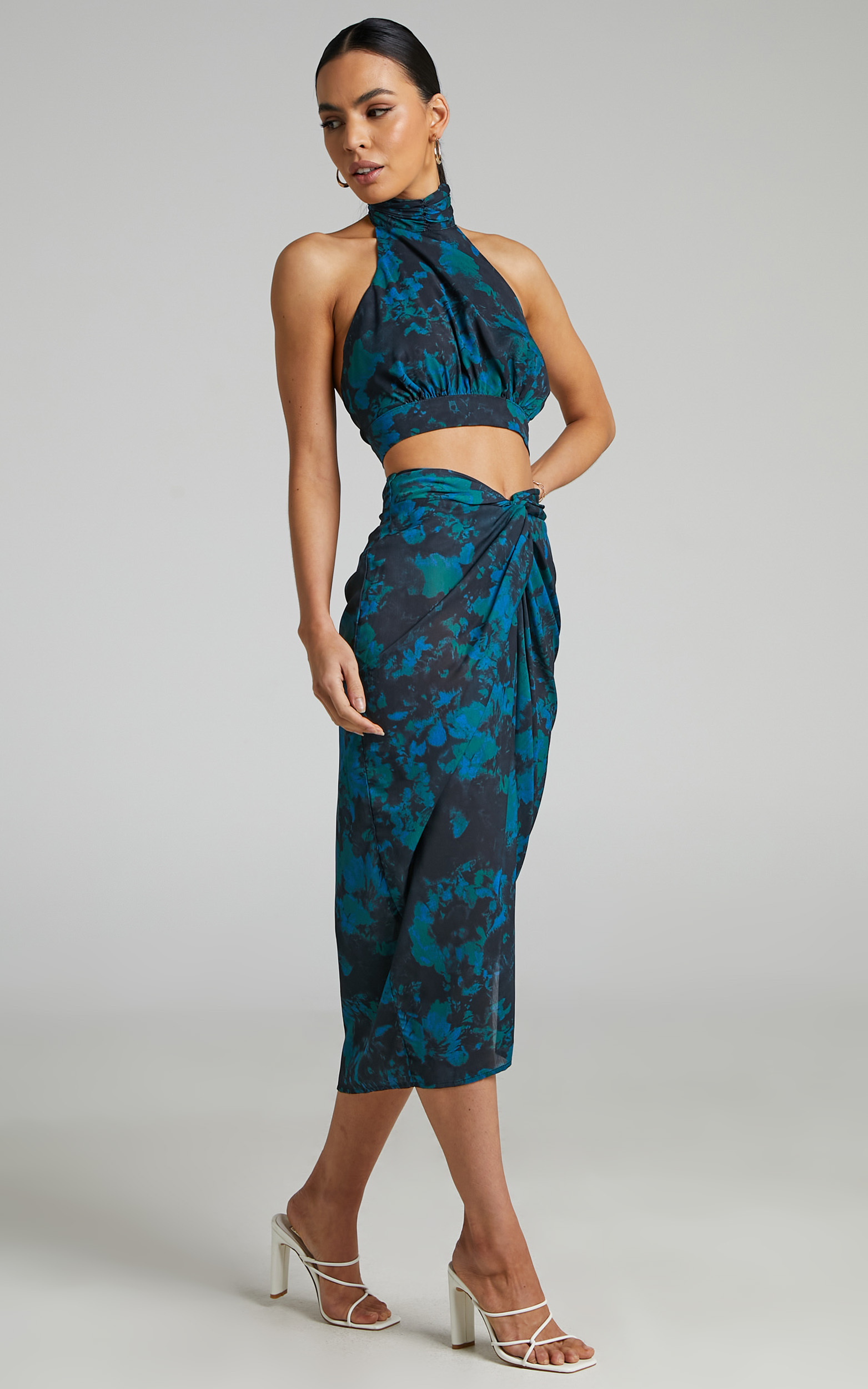 Mirski High Neck Halter Top and Twist Front Midi Skirt Two Piece Set in Jewel Blur - 04, GRN1, hi-res image number null