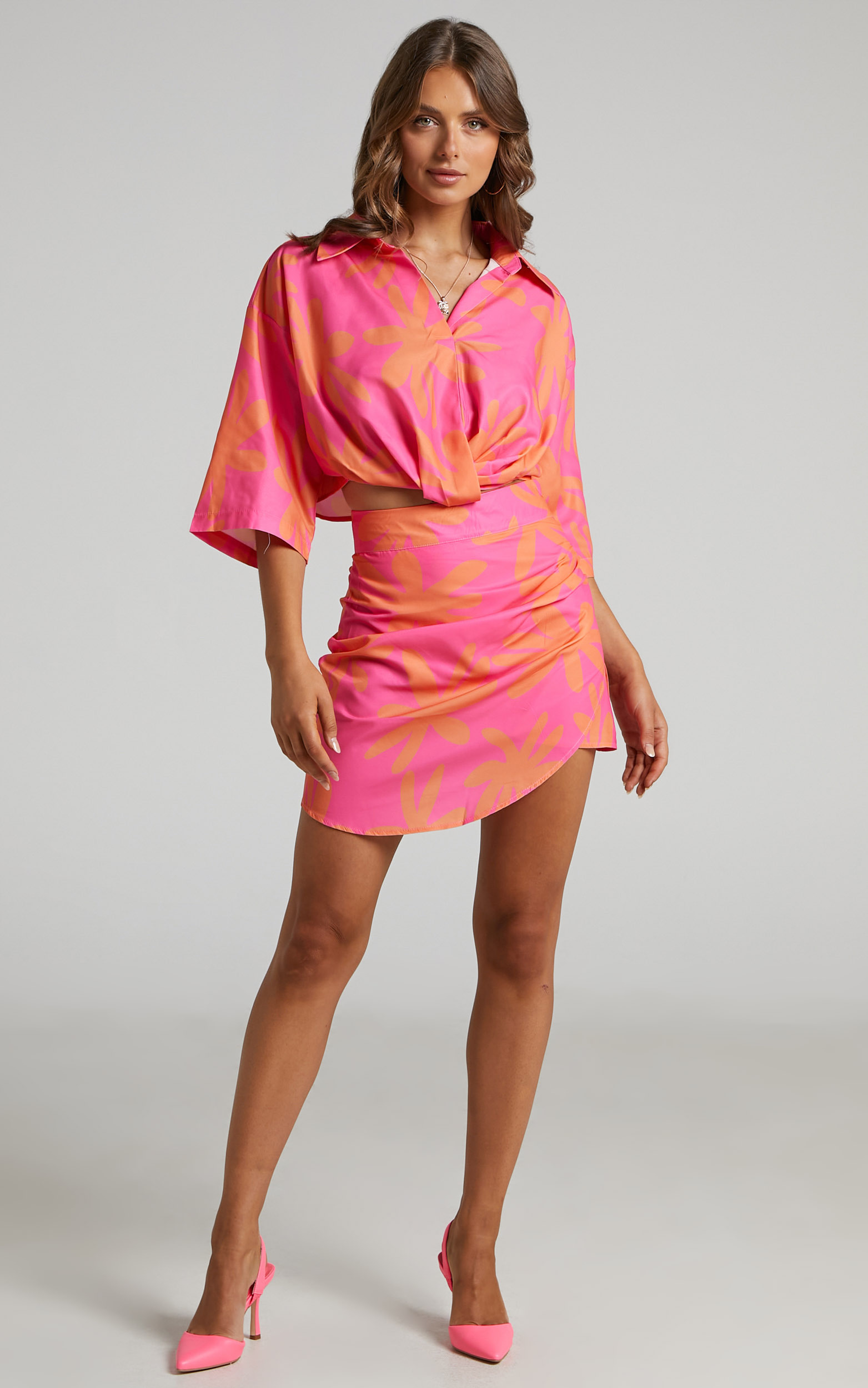 Clarrie Crop Top and Mini Wrap Skirt Two Piece Set in Pink/Orange 