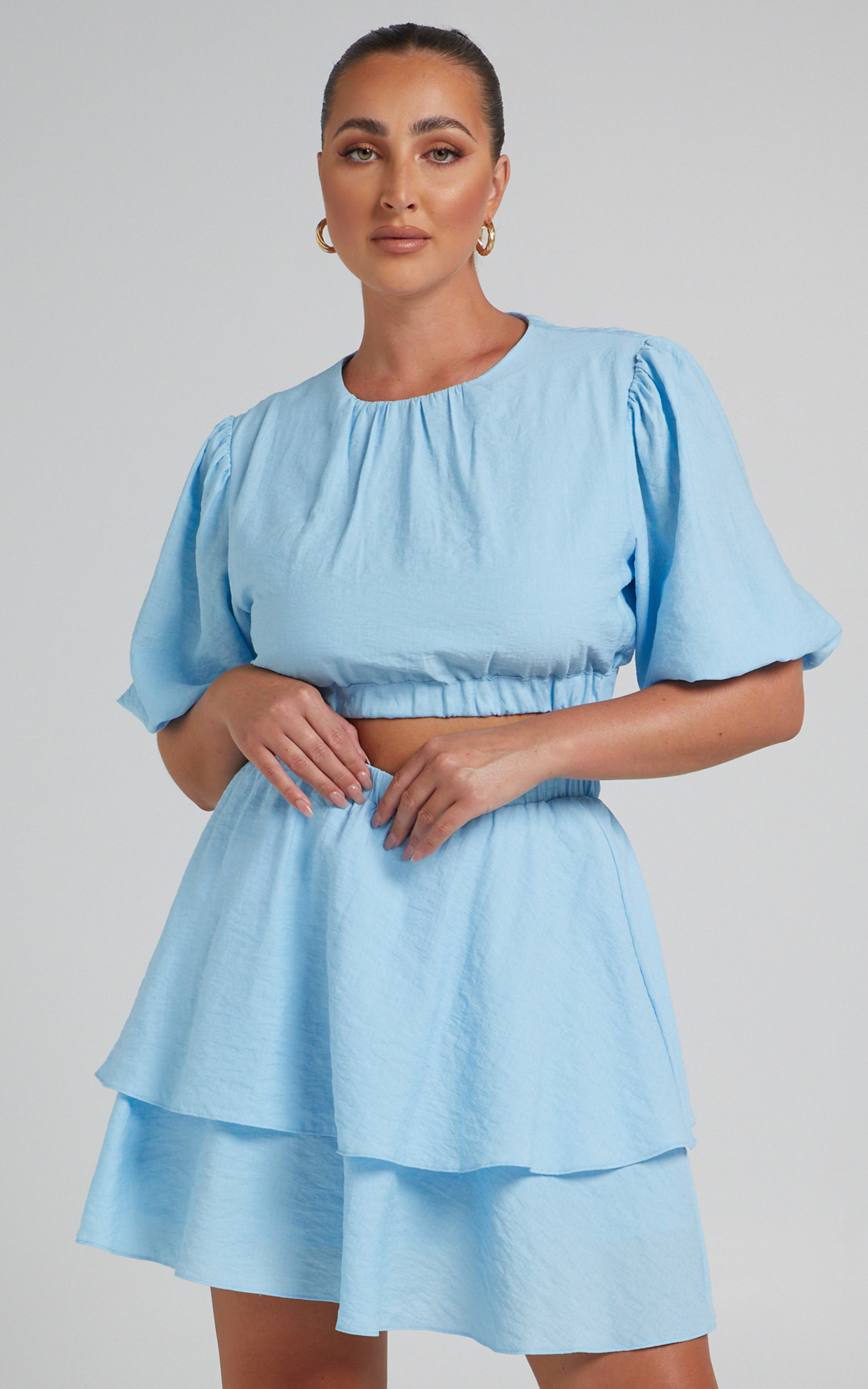 Abee Puff sleeve Tie Waist Two Piece Set in Blue - 04, BLU1, hi-res image number null