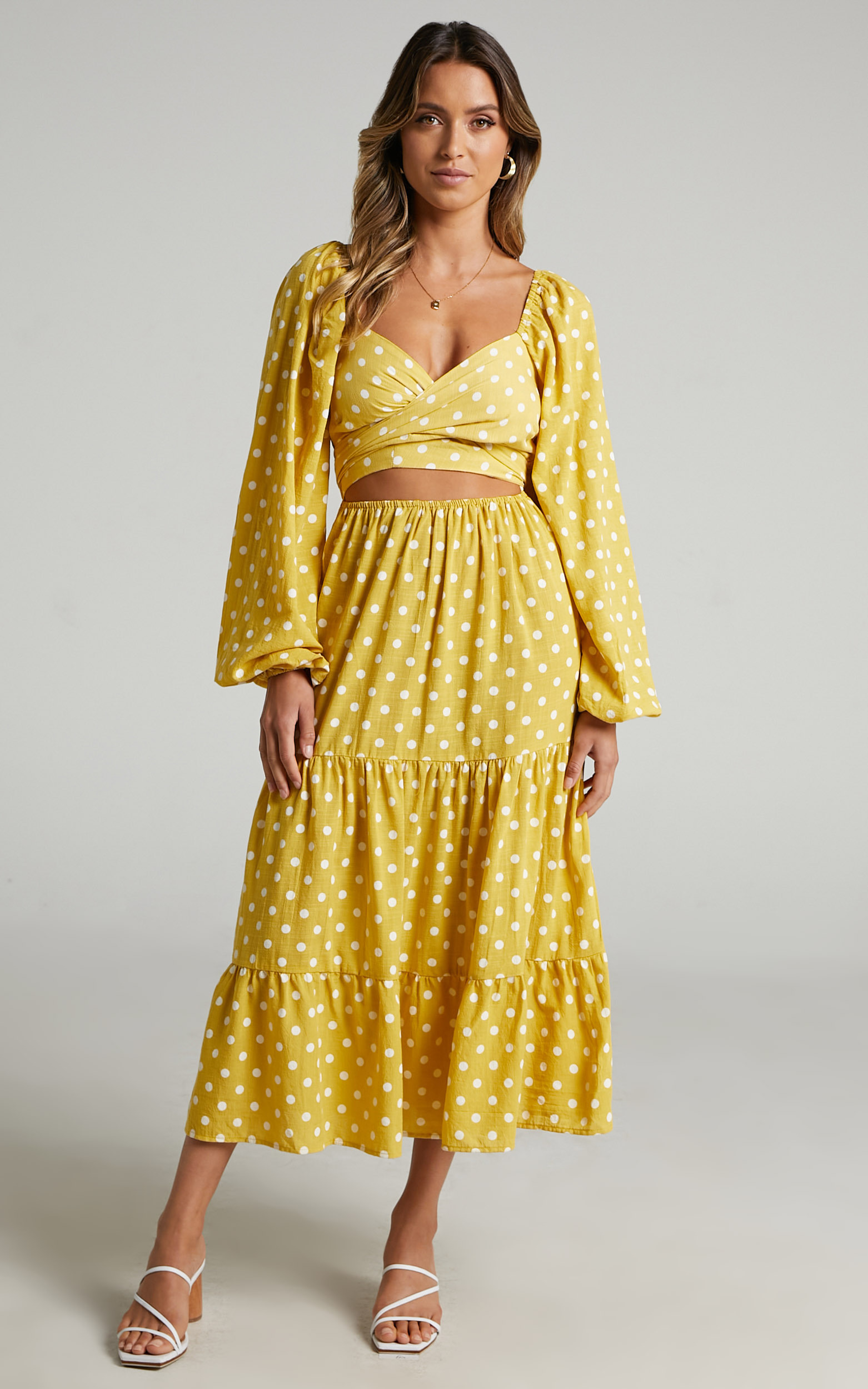 Tansy Balloon Sleeve Tiered Midi Dress in Yellow - 06, YEL1, hi-res image number null