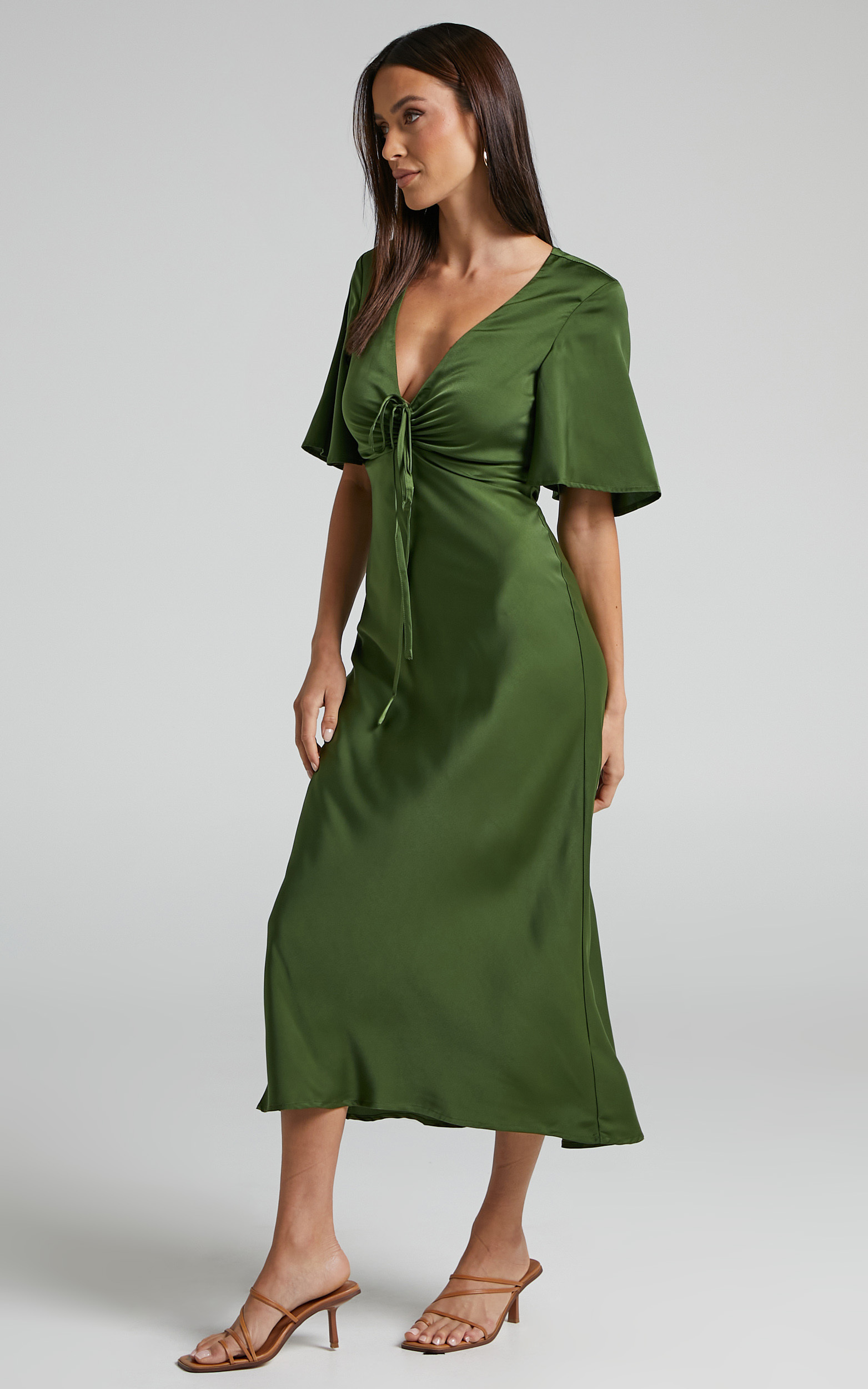 Nicholla Midi Dress - Ruched Front Angel Sleeve Slip Dress in Olive - 08, GRN1, hi-res image number null