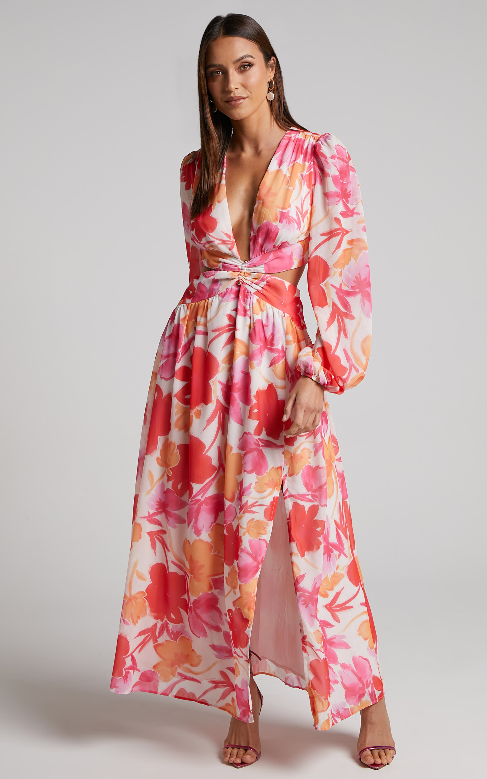 Emilee Maxi Dress - Side Cut Out Long Sleeve Plunge Dress in Pink ...