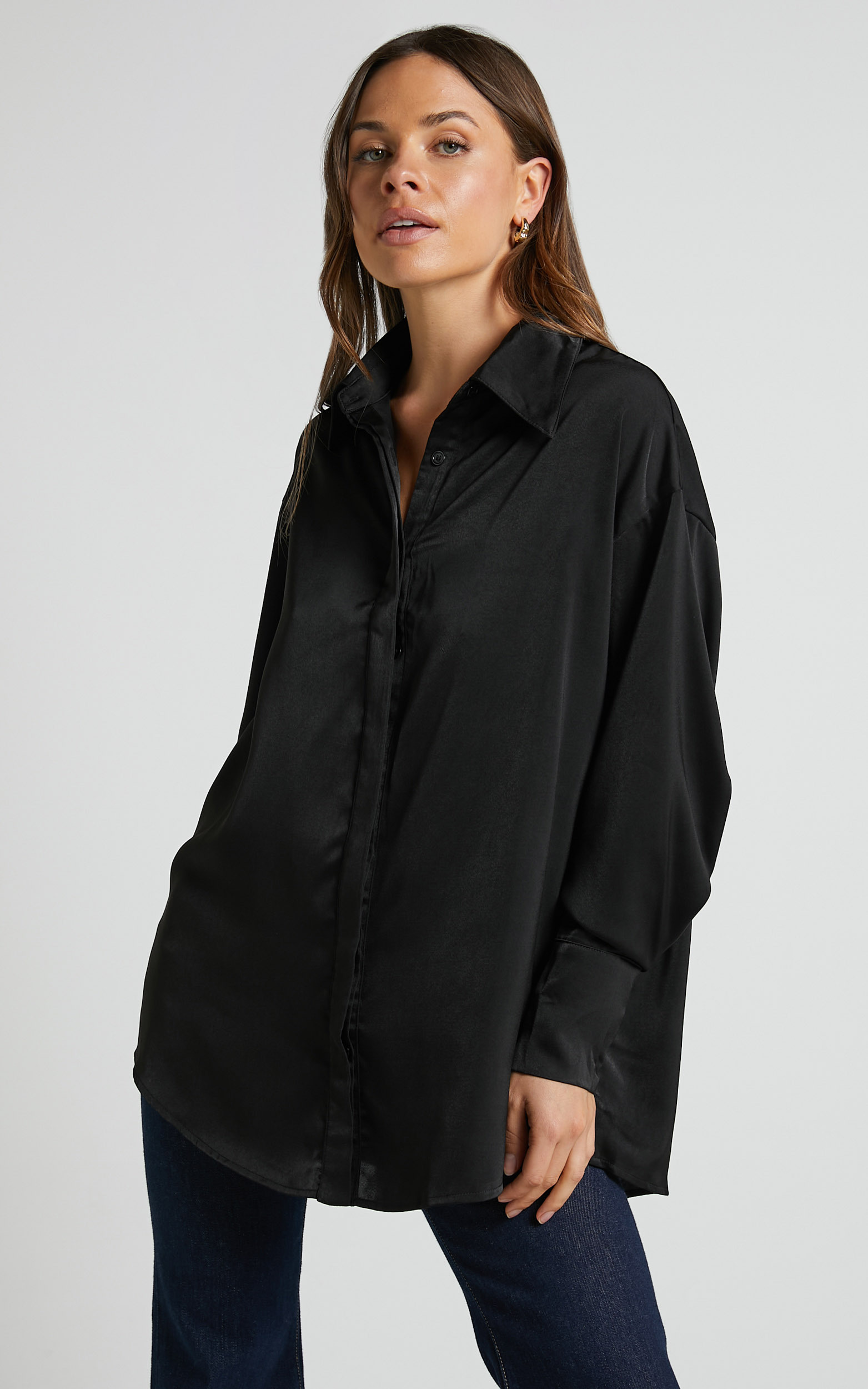 Azurine Oversized Button Up Satin Shirt in Black - 06, BLK2, hi-res image number null
