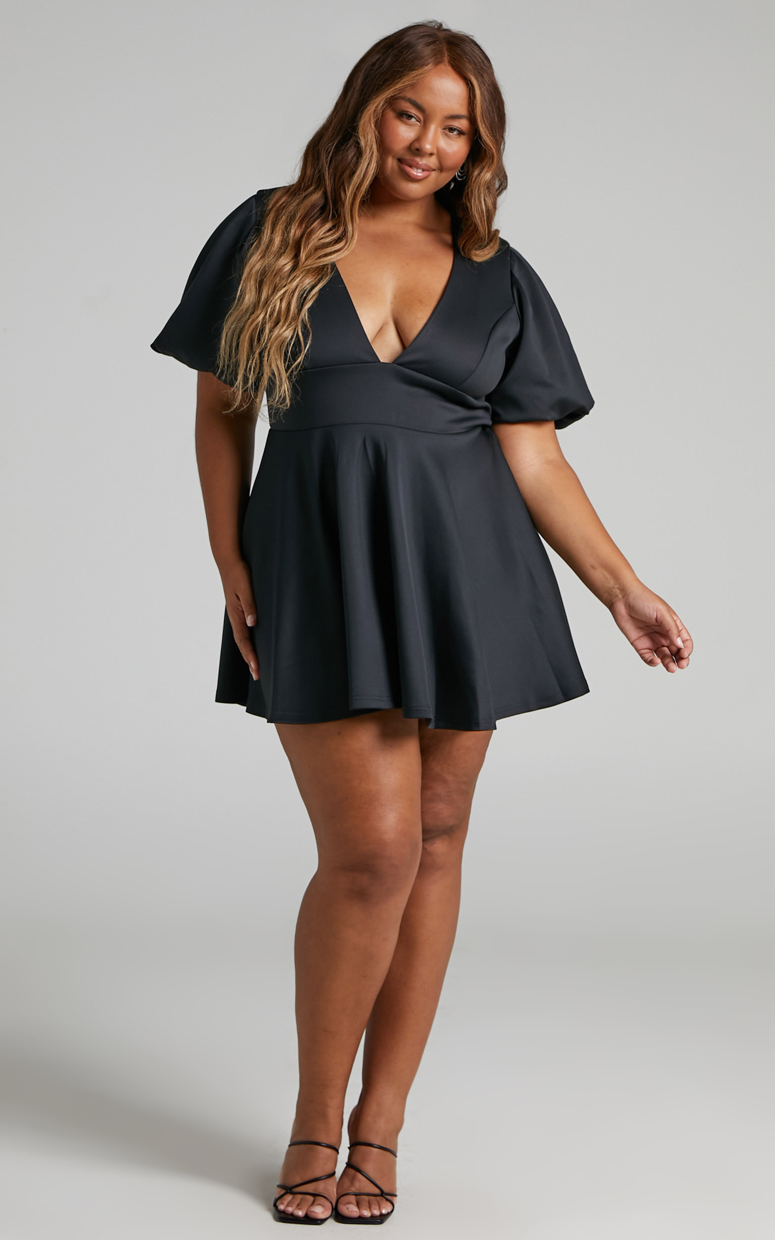 Margerie Puff Sleeve Fit and Flare Mini Dress in Black - 06, BLK1, hi-res image number null