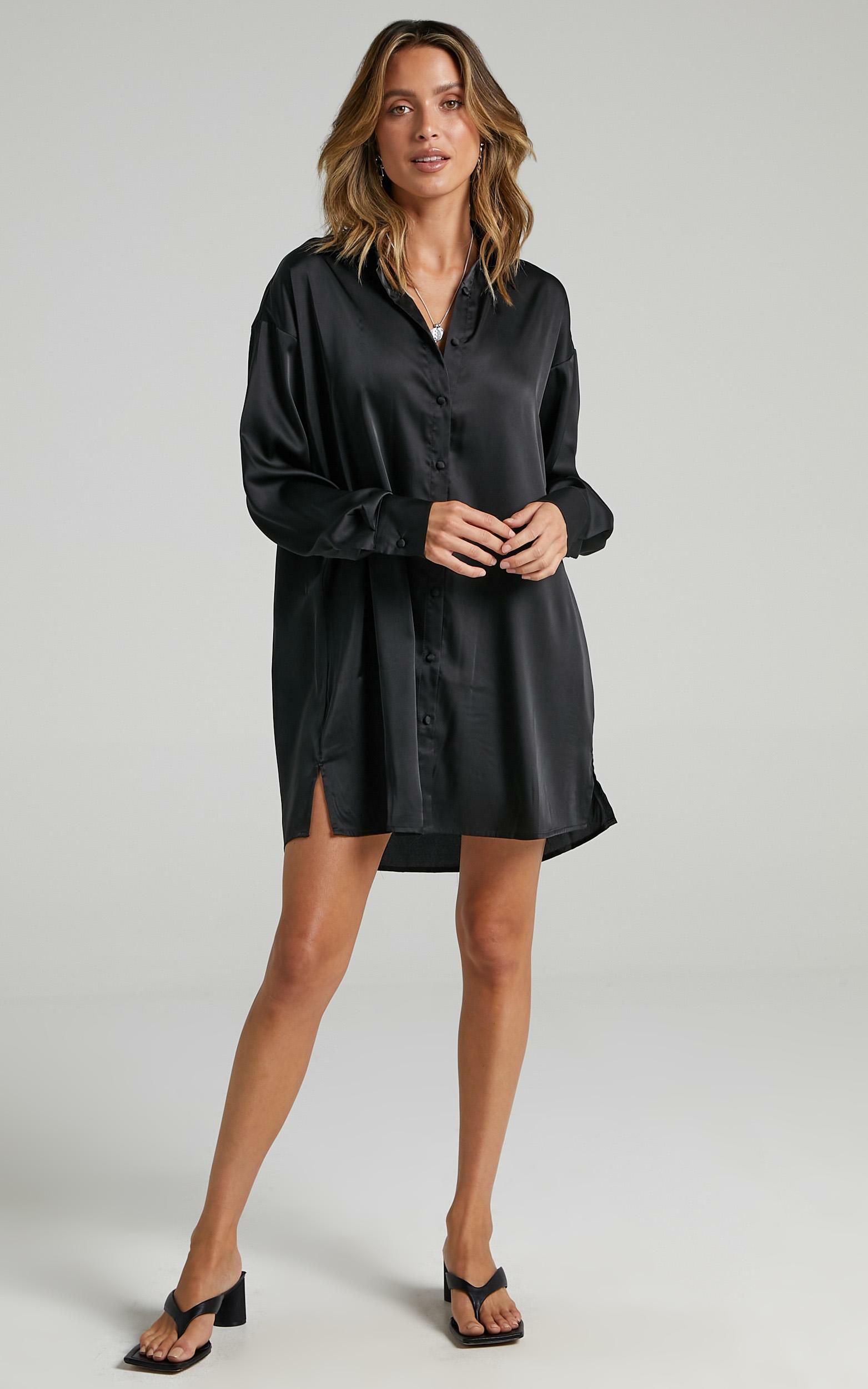 Desiree Shirt Dress in Black Satin - 06, BLK1, hi-res image number null