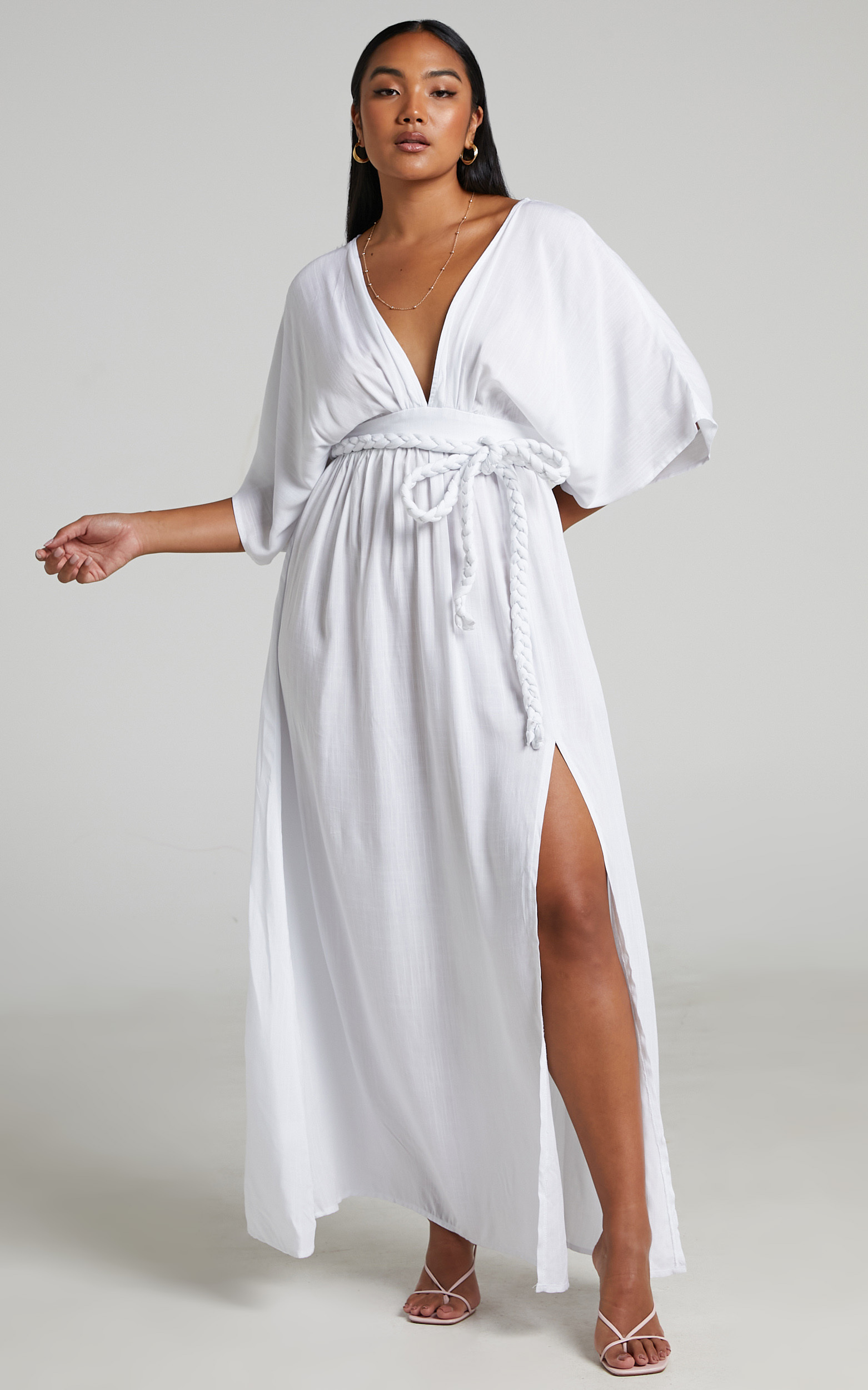 Phillipha Underbust Tie Angel Sleeve Maxi Dress in White - 04, WHT1, hi-res image number null