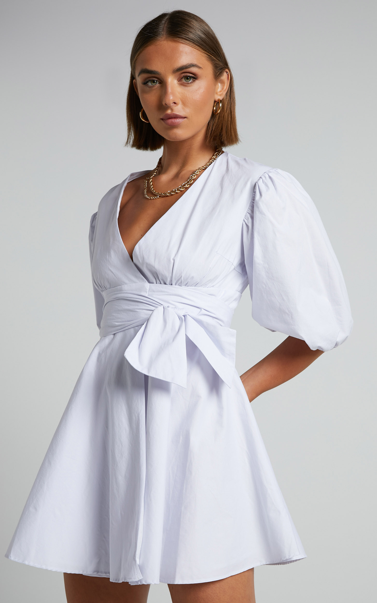 Zyla Puff Sleeve Wrap Mini Dress in White - 04, WHT4, hi-res image number null