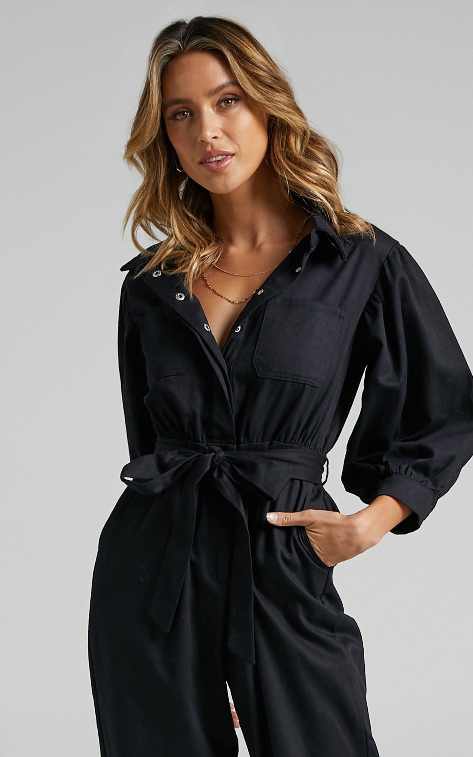 Bradfield Centre Tie Collared Jumpsuit in Black - 06, BLK1, hi-res image number null
