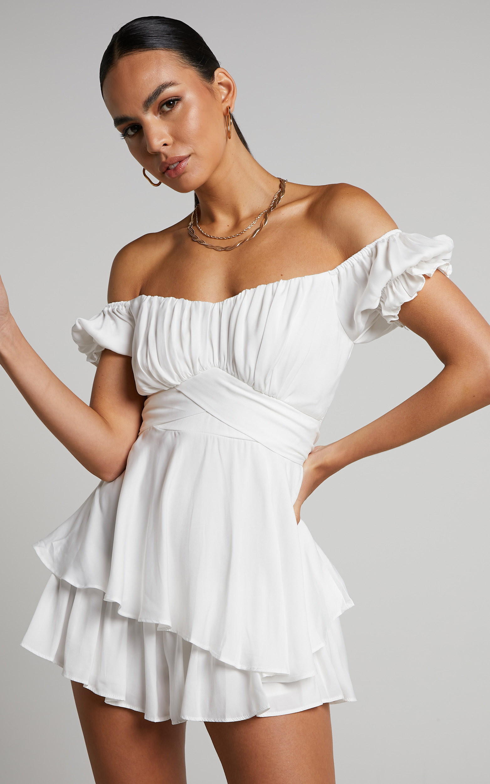 Courtney Playsuit - Off Shoulder Puff Sleeve Ruffle Playsuit in White - 06, WHT1, hi-res image number null