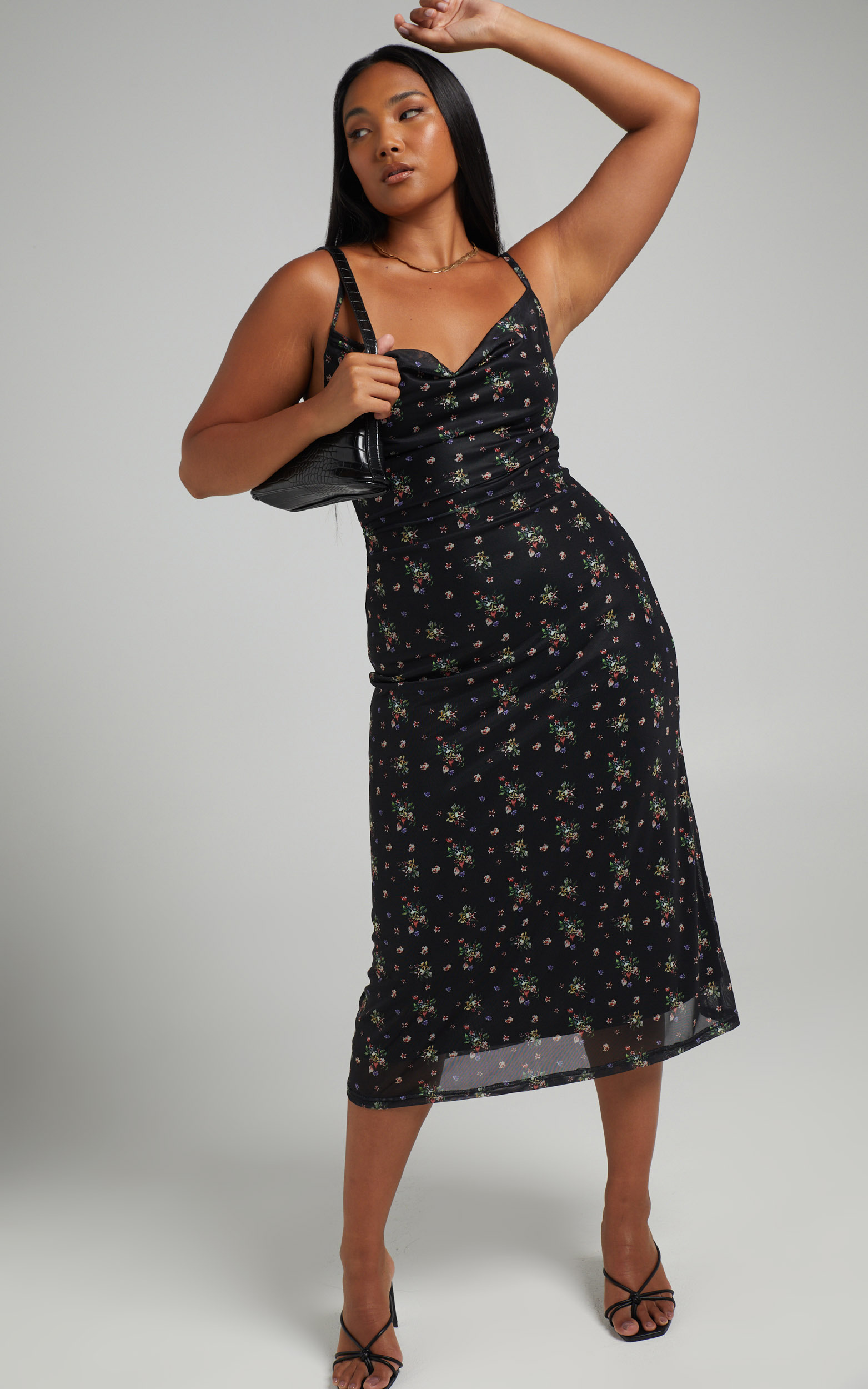 Roselyn Cowl Neck Open Back Midi Dress in Black Floral - 06, BLK1, hi-res image number null
