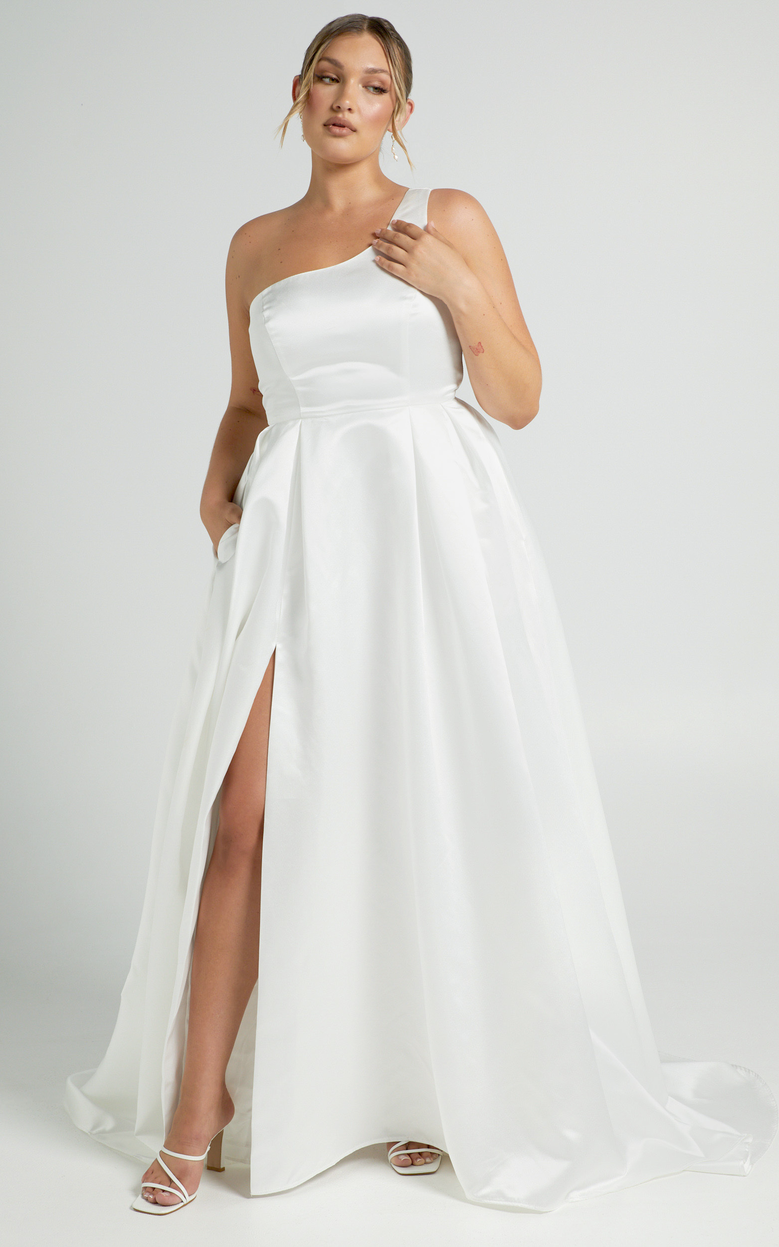 Desire Me One Shoulder Thigh Split Gown in Ivory Satin - 04, WHT1, hi-res image number null