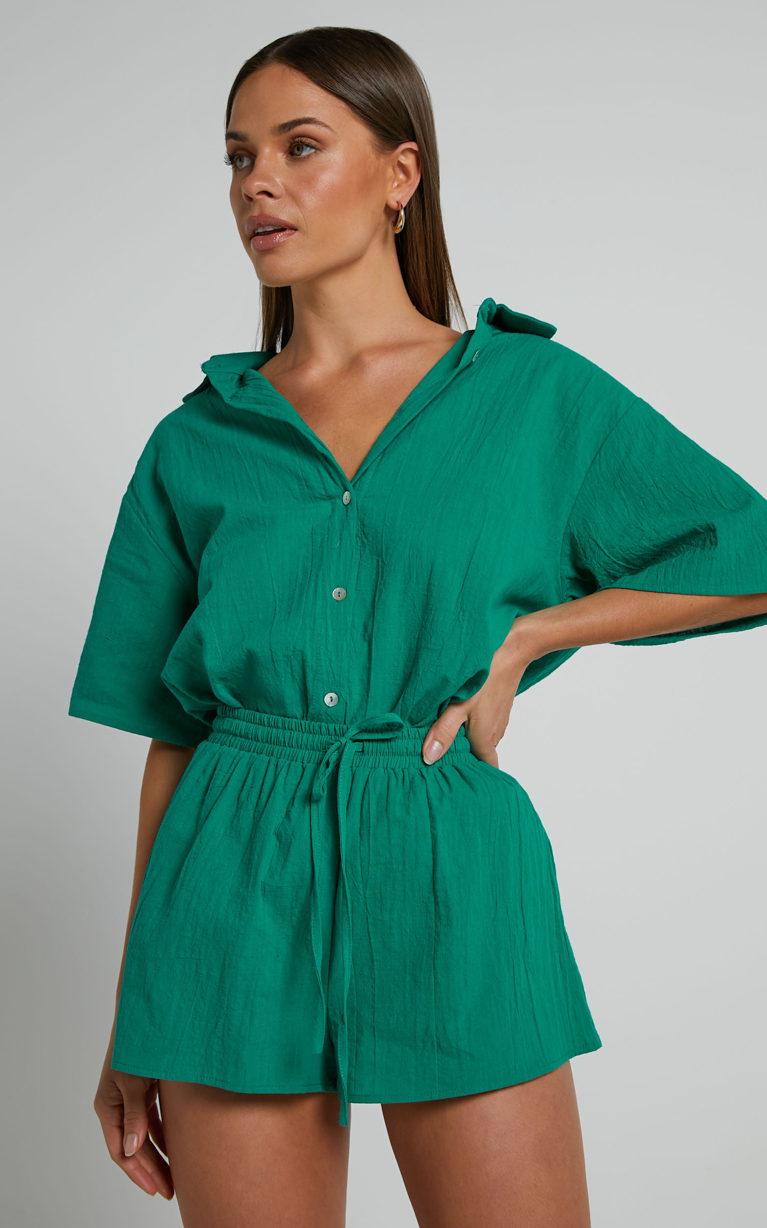 Vina del Mar Button Up Shirt and Shorts Two Piece Set in Green - 04, GRN1, hi-res image number null