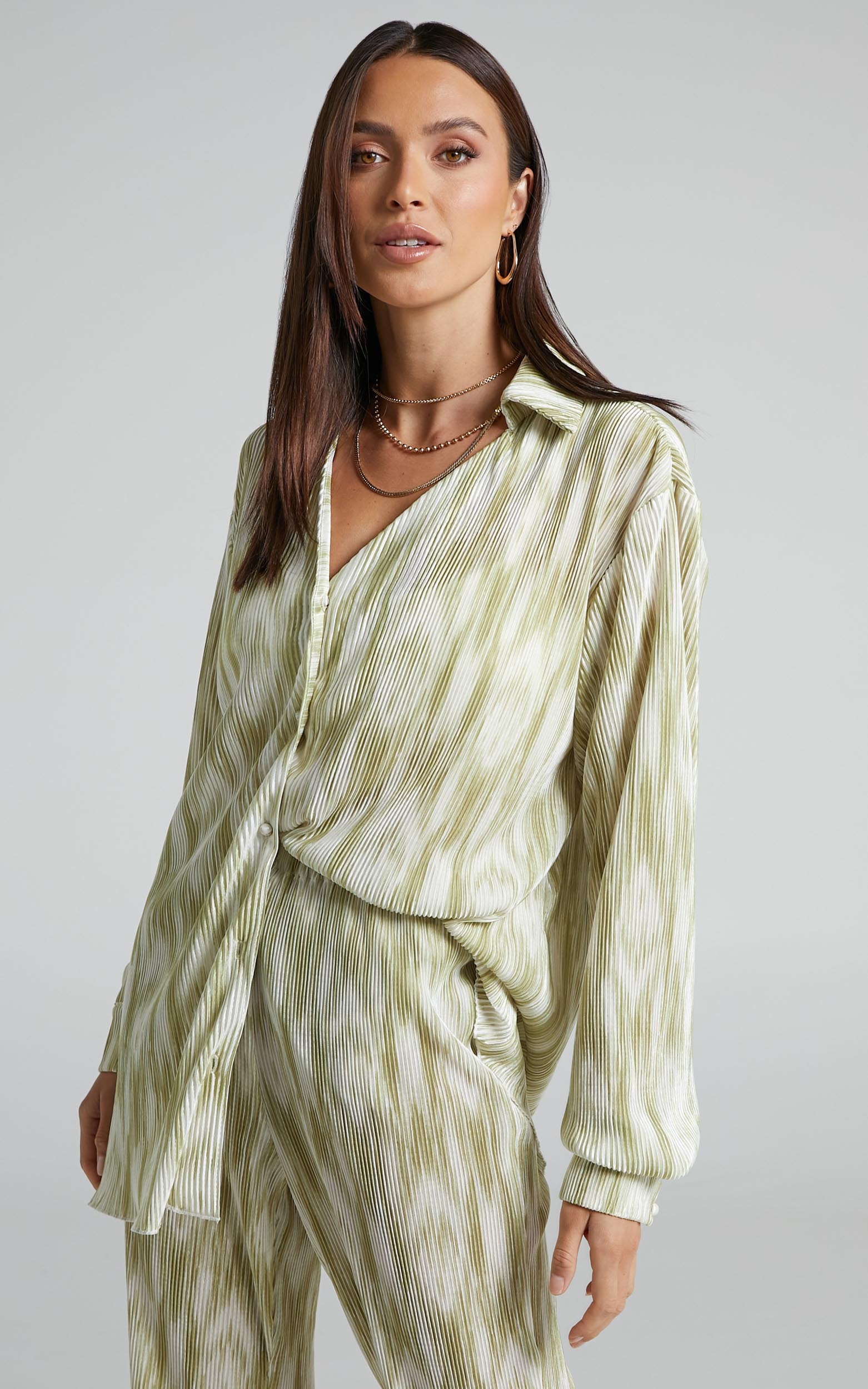 Marfy Abstract Print Button Down Plisse Top in Green Marble - 04, GRN1, hi-res image number null