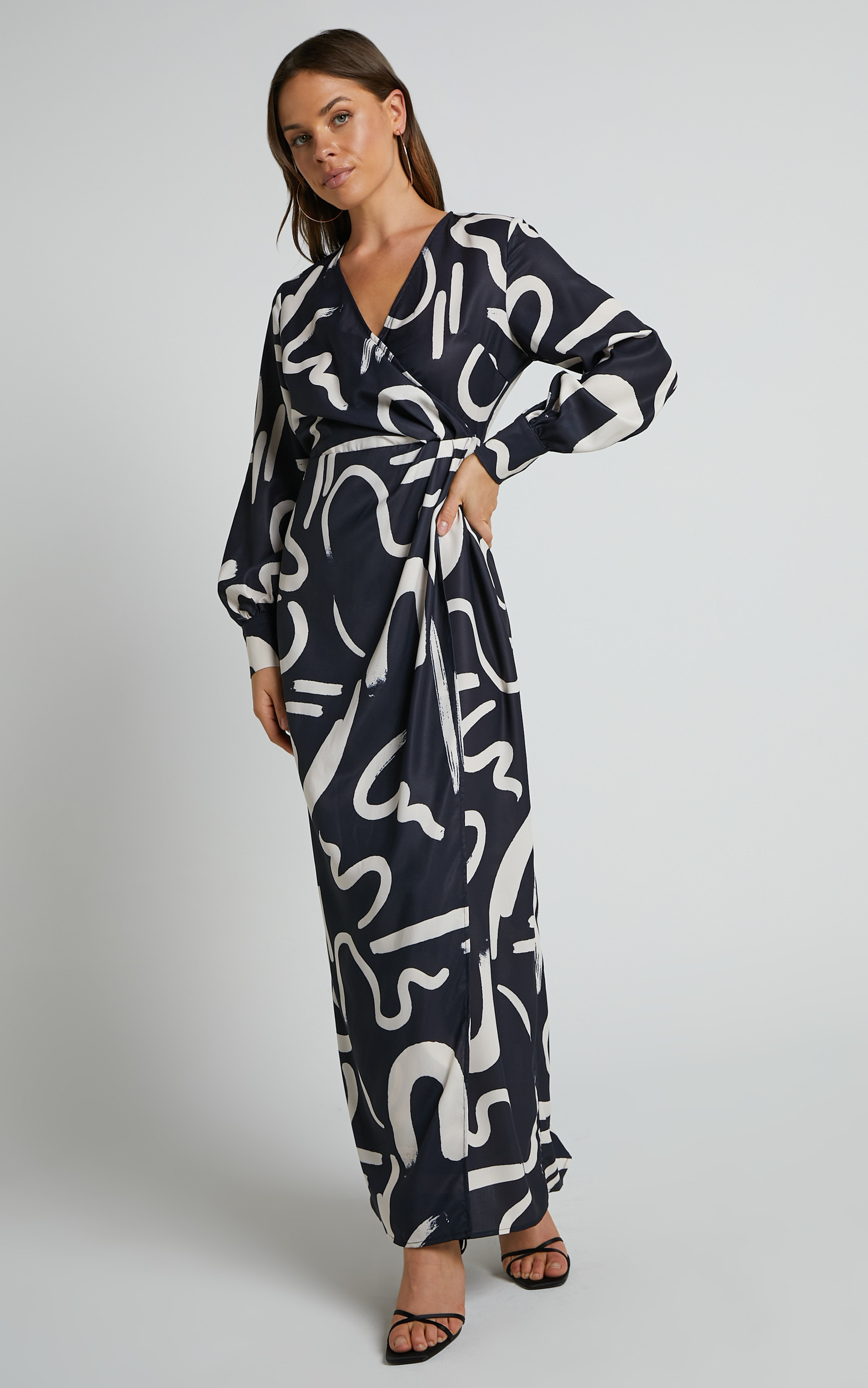 Leighton Long Sleeve Wrap Abstract Maxi Dress in Black - 06, BLK1, hi-res image number null