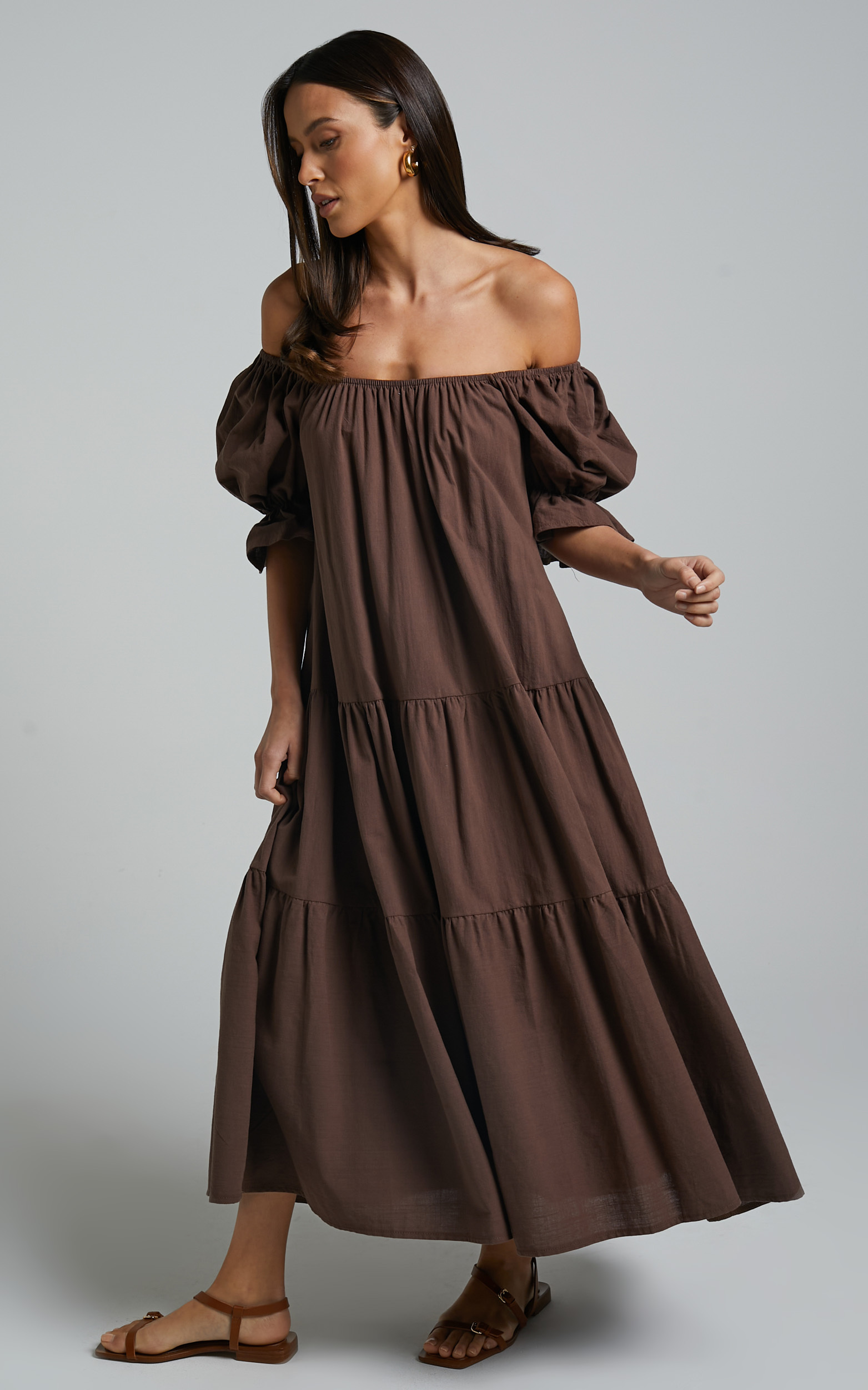 Zaharrah Midi Dress - Tiered Dress in Chocolate Linen Look | Showpo USA