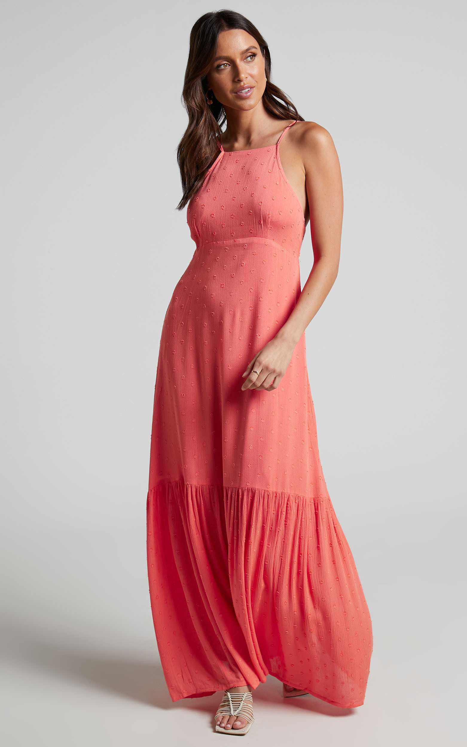 Cariele Strappy Tiered Dotted Maxi Dress in Coral - 06, PNK2, hi-res image number null