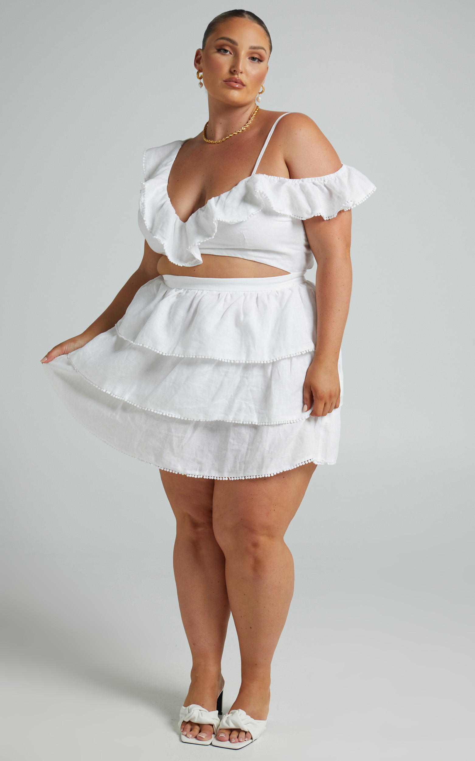 Mikasa Off Shoulder Mini Dress with Frills in White - 04, WHT1, hi-res image number null