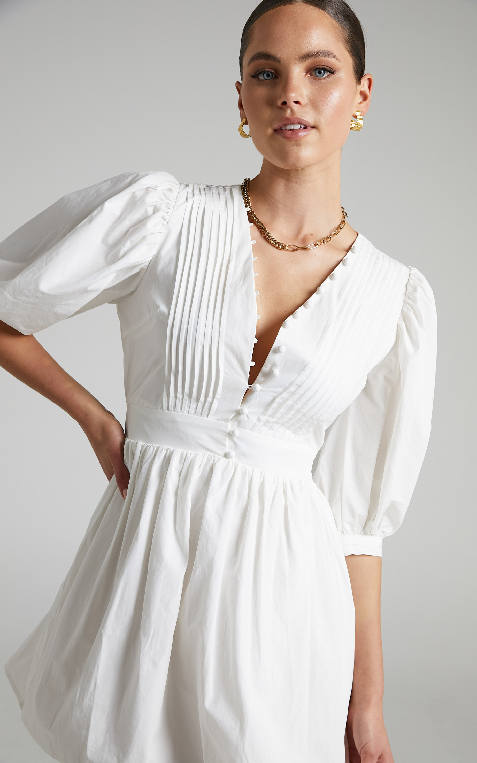 Zandra Puff Sleeve Poplin Mini Dress in White - 04, WHT4, hi-res image number null
