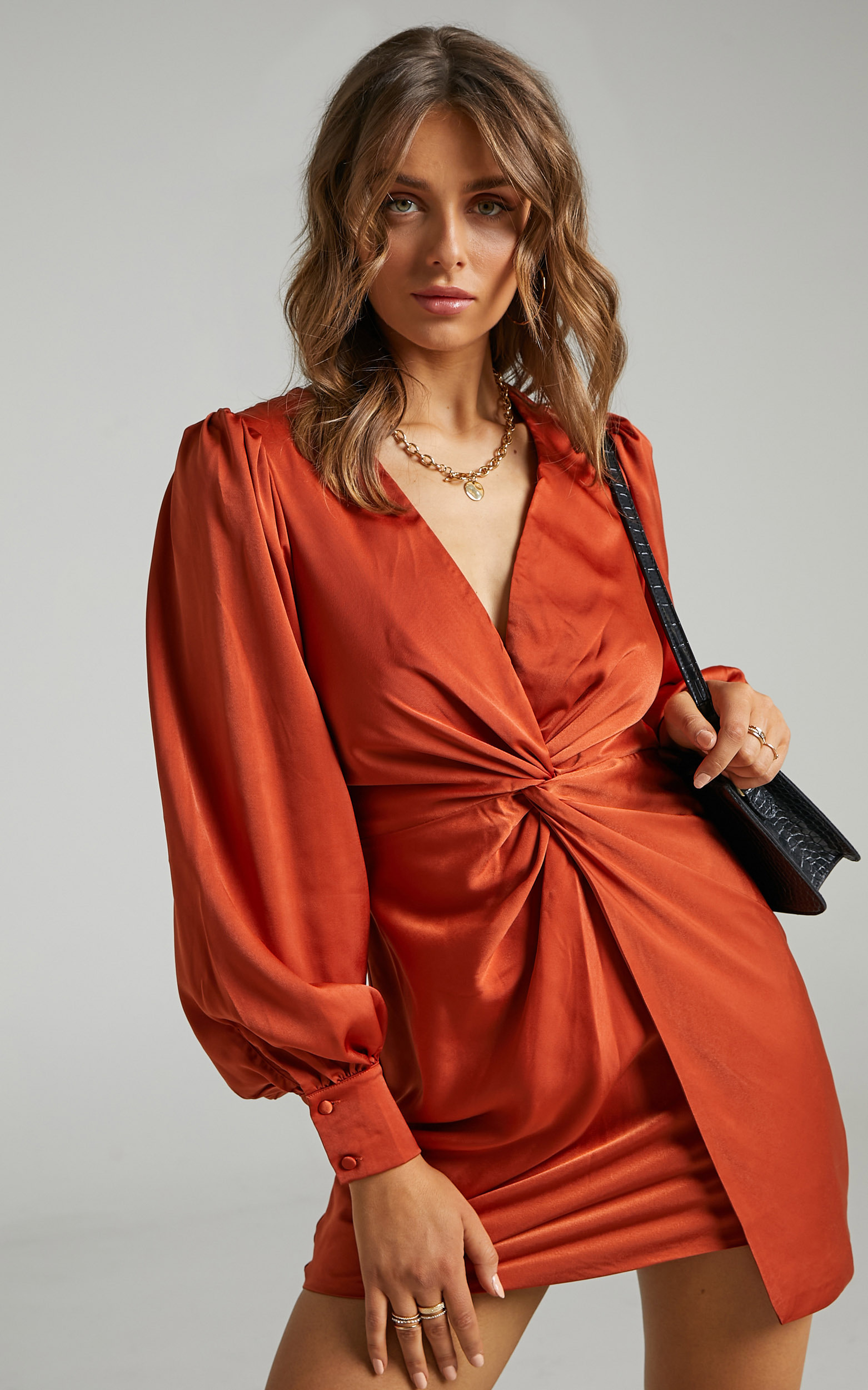Billie Twist Front Mini Dress with Long Puff Sleeves in Copper - 06, GLD3, hi-res image number null